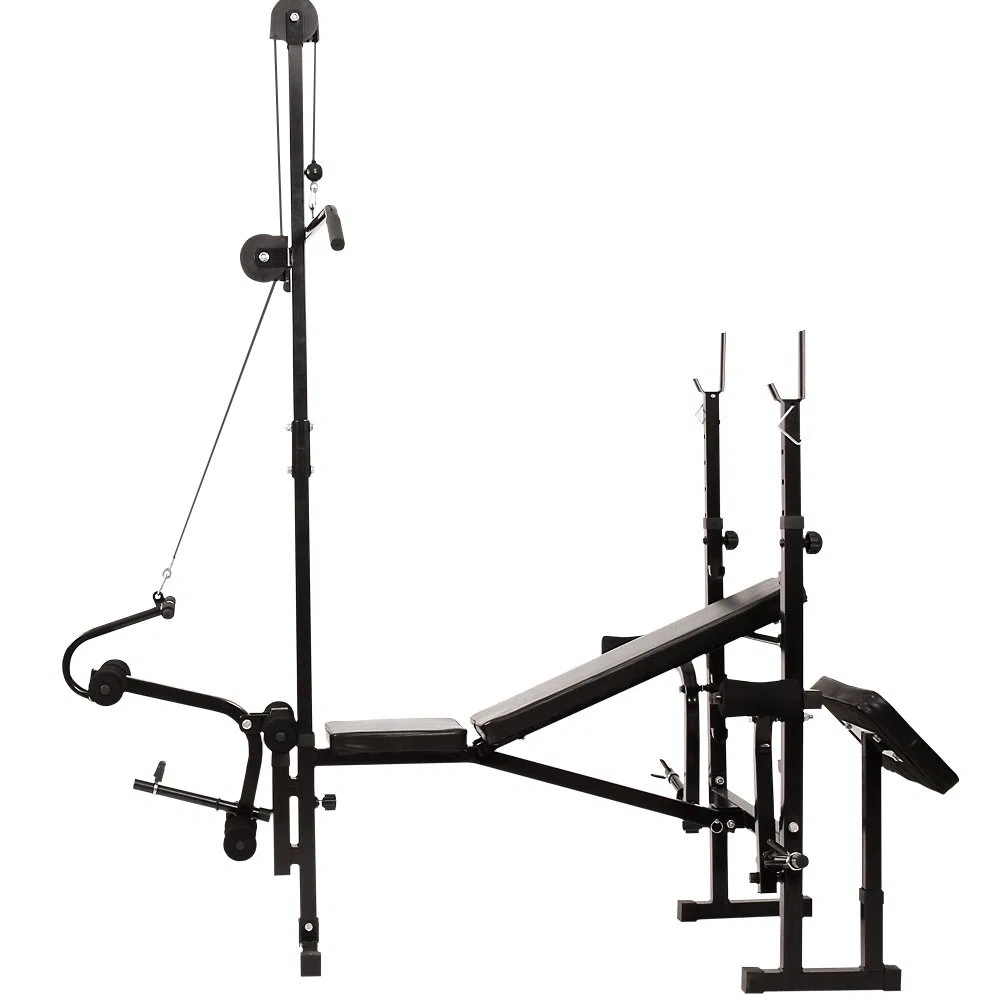 Banco de Pesas Multifunción - Torre de Poleas, Press de Pecho, Banco Predicador & Flexiones y Extensión de Piernas (Plegable y Ajustable) - Musculación, Ejercicios