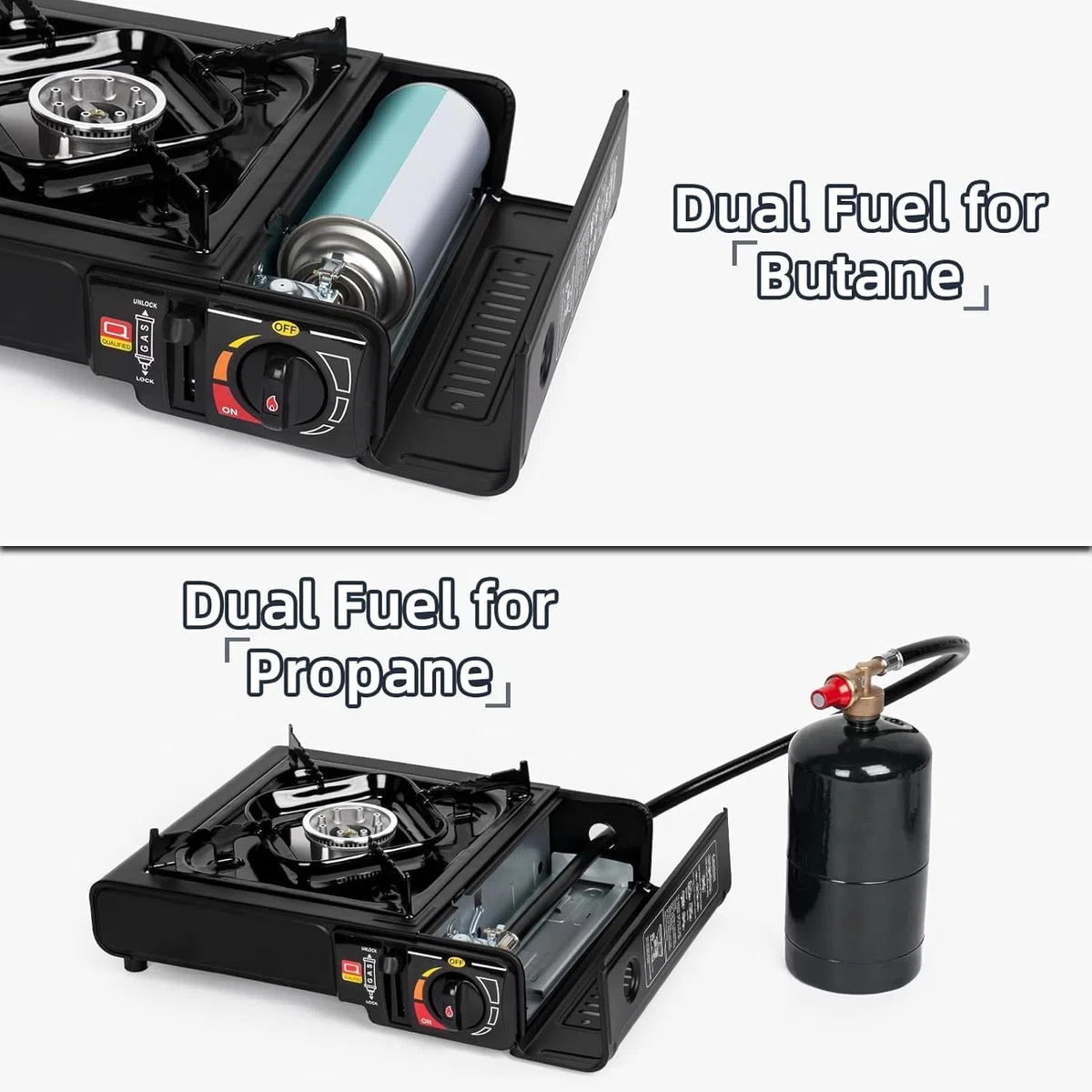 Thulos TH-GS019 Cocina Portátil Dual, 2.5 kW, Compatible con Cartucho o Botella de Gas, Encendido Piezoeléctrico, Negro