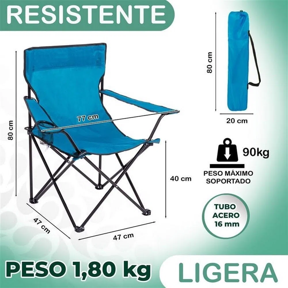 LOLAhome Silla Playa Camping Pesca y Caza Plegable Cierre Tijera Estructura Acero con Pintura Epoxi anticorrosión y Lona poliéster Oxford 600 D Azul, portavasos y Bolsa de Transporte