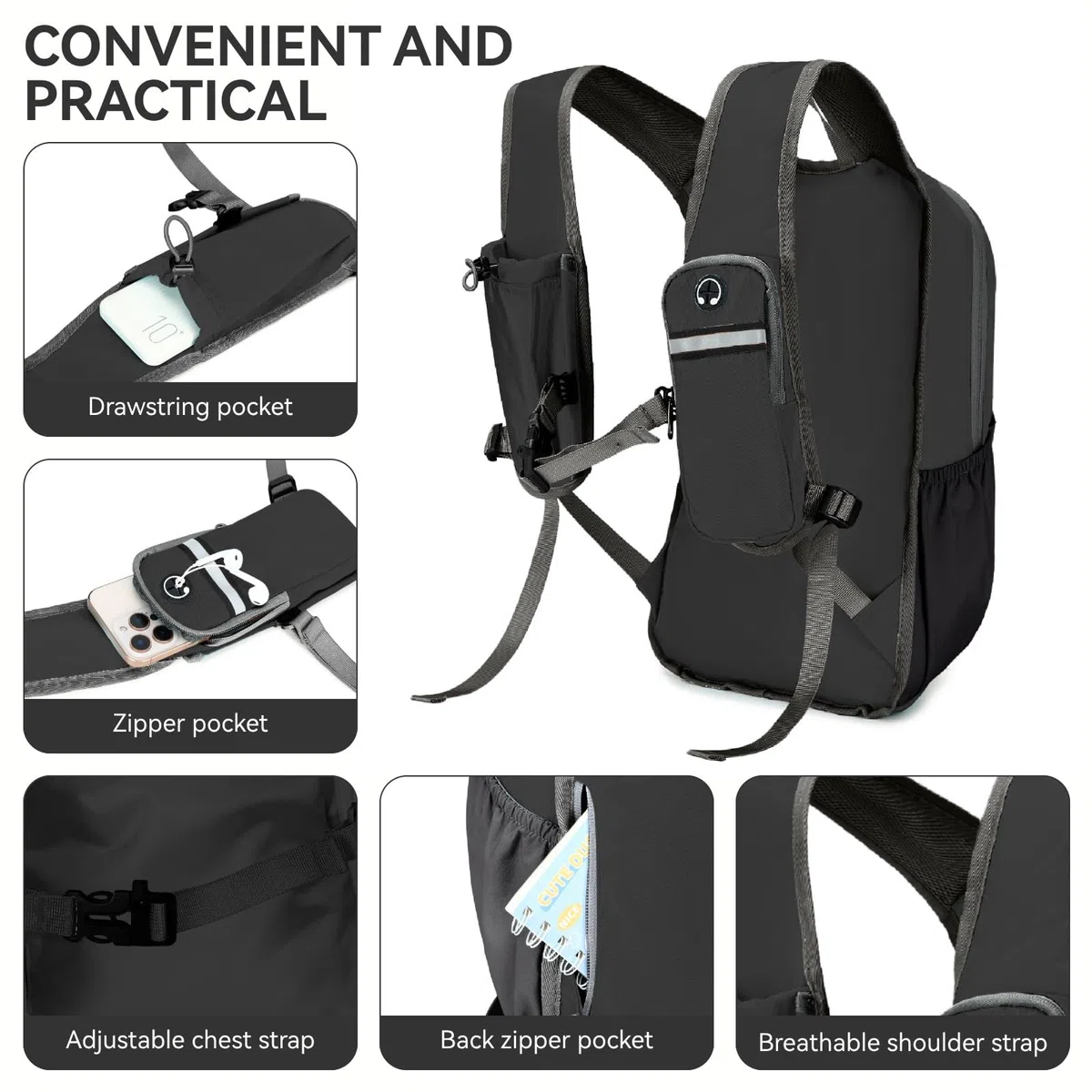 Mochila Pequeña Senderismo 15L para Mujer y Hombre, Mochila Plegable Ligera para Viajes Trabajo Al Aire Libre, Negro