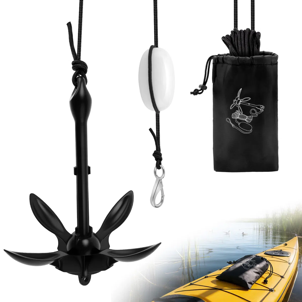 Anclaje de Barco de 1.59 kg, Ancla Plegable, Kit de Ancla Barco Pequeña con Cuerda Flotante de 10m, una boya de Bola y una Bolsa de Almacenamiento, para Kayaks, Moto de Agua Jet, Canoas