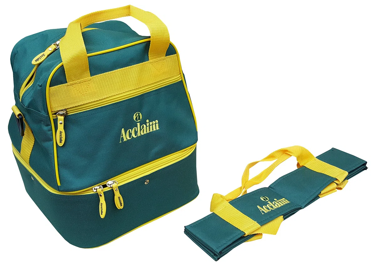 Acclaim Staple Nylon Cuatro niveles de césped plano verde alfombra corta taquilla Cuencos bolsa y portador de cuatro cuencos (botella verde/amarillo)