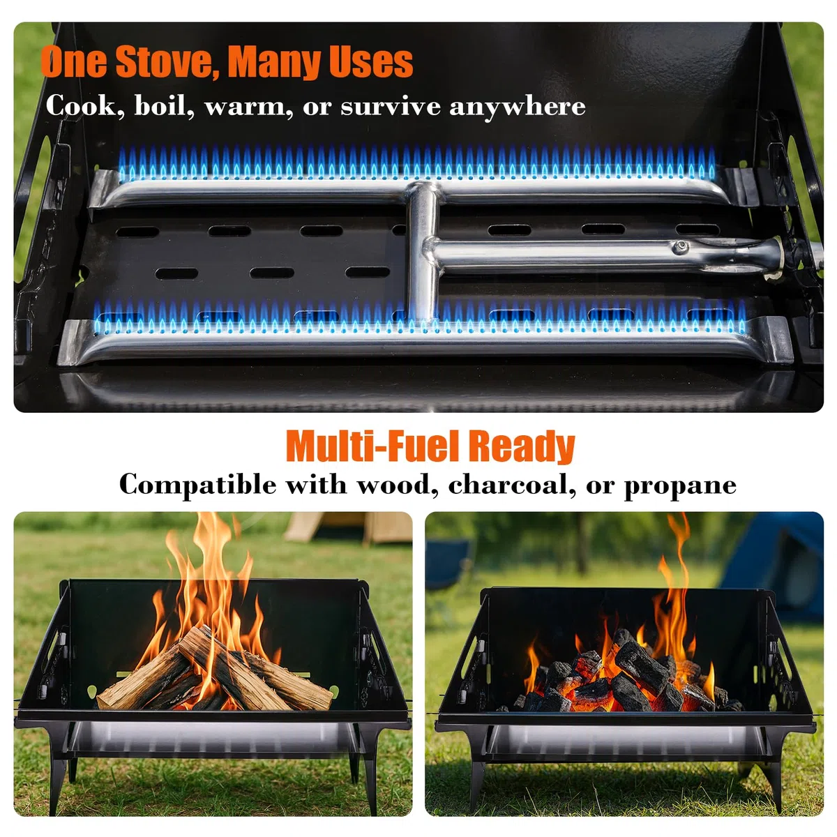 QuliMetal Parrilla portátil de camping – Parrilla plegable de carbón/gas con bolsa de transporte | Barbacoa de mochilero resistente y parrilla para fogata para cocinar al aire libre, camping, portón