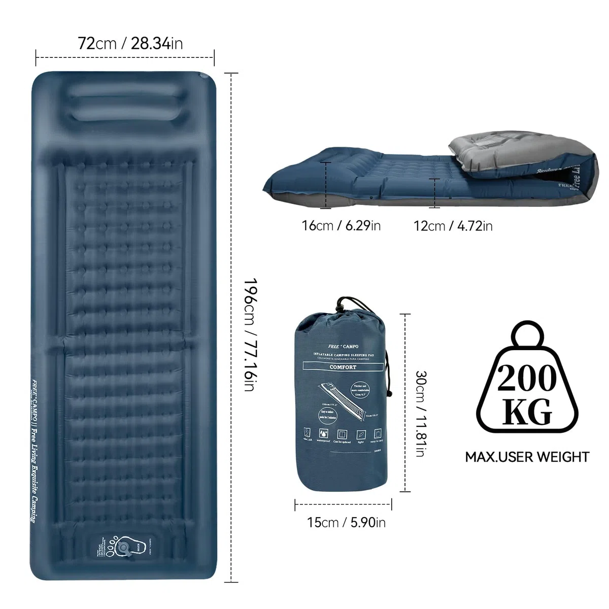 Colchoneta Autoinflable 12cm Grosor, Esterilla Camping Con Almohada, Equipo Duradero, Plegable, Ultraligero, Impermeable Para Caminatas, Vivac y Aire Libre 4 Estaciones
