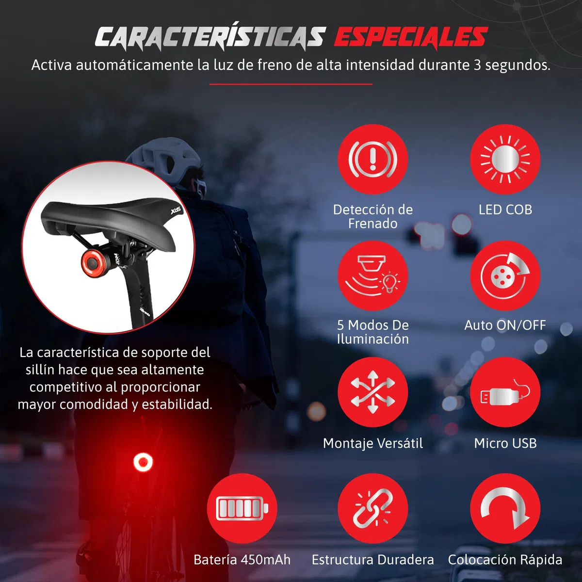 Luz Trasera Bicicleta Potente LED de 300 Lumenes de Alto Brillo - con Sensor de Freno Inteligente y Auto On/Off - Recargable USB - 5 Modos - Batería De 450 mAH Impermeable y De Aluminio.