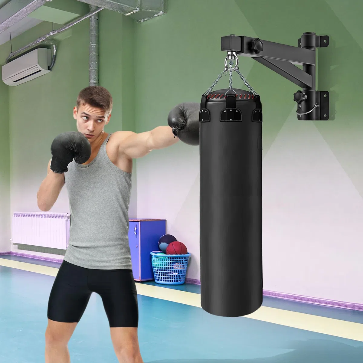 Soporte para Saco De Boxeo, Soporte Colgante para Saco De Boxeo Estante De Pared Ajustable Soporte Robusto para Saco De Boxeo Accesorios De Montaje para Casa Gimnasio Interior - Negro