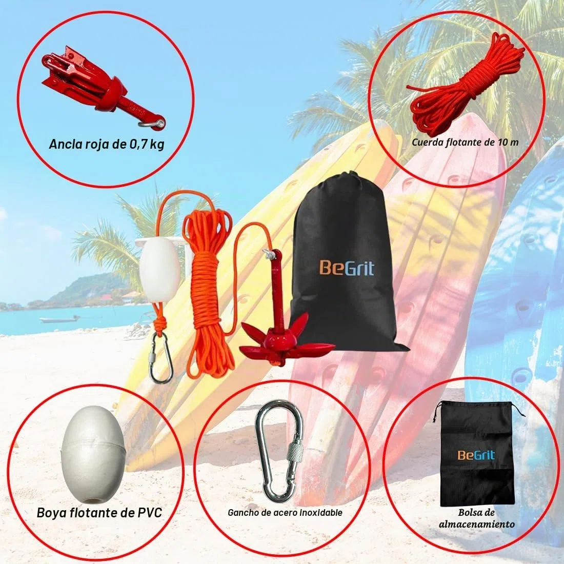 BeGrit Kit Ancla Plegable Barco Pequeña Ancla Moto de Agua de Acero Zincado con Bolsa de Transporte de Cuerda de Remolque DE 10 m para Sup Paddle Board Kayak 0.7 kg