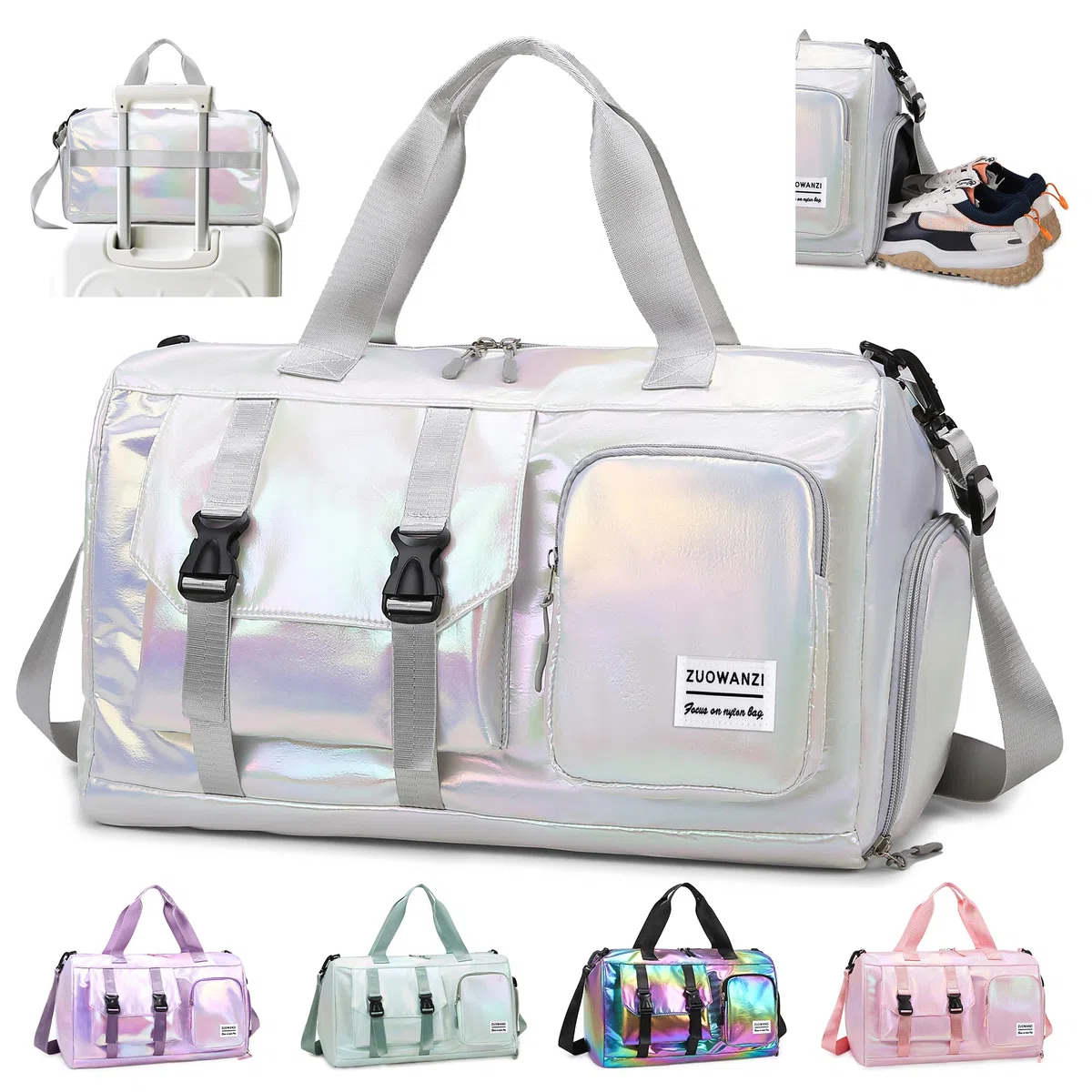 Bolsa Deporte Mujer Grande Bolsa de Viaje con Compartimento Zapatos y Bolsillo Húmedo Bolso Gimnasio Impermeable Bolsa Fin de Semana Ligera Bolsa Natacion 24L para Yoga Gym Piscina, Blanco