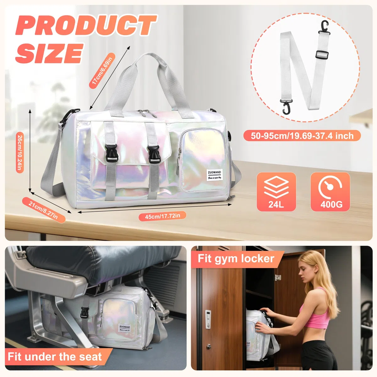 Bolsa Deporte Mujer Grande Bolsa de Viaje con Compartimento Zapatos y Bolsillo Húmedo Bolso Gimnasio Impermeable Bolsa Fin de Semana Ligera Bolsa Natacion 24L para Yoga Gym Piscina, Blanco