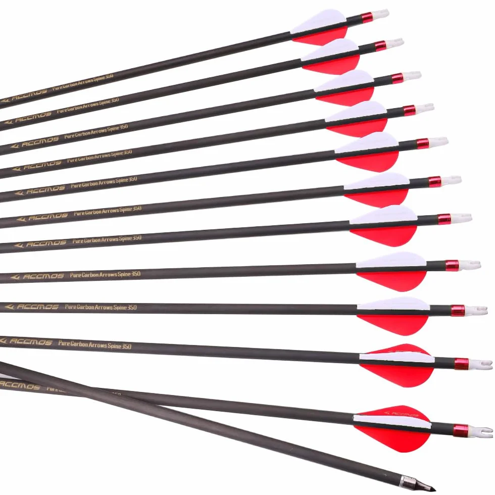 6/12pc Longitud Personalizada Flechas de Carbono 300/350/400/500/600/700/800 Spine Punta Extraíble 2" Pluma de Plástico Flecha de Puntería Flecha de Caza para Arco Recurvo Arco Compuesto Tiro con Arco