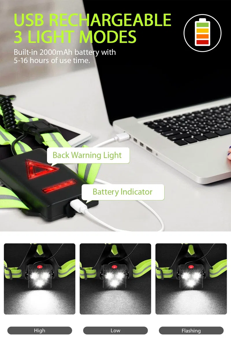 DAWINSIE Luz para Correr Running con Recargables USB Impermeable, Luz Led Frontal Correr, Lámpara 3 Modos, con Cinta Reflectante, Liviano, Cómodo e Ideal para Trotar, Competir