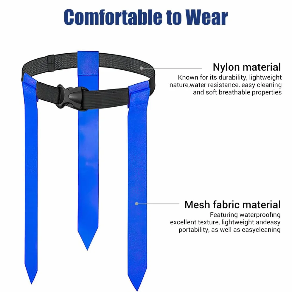 MiOYOOW - Juego de banderas de fútbol, 8 cinturones de fútbol con bandera ajustable, 24 banderas, rojo + azul, con bolsa de almacenamiento, accesorios para la competición de entrenamiento de los