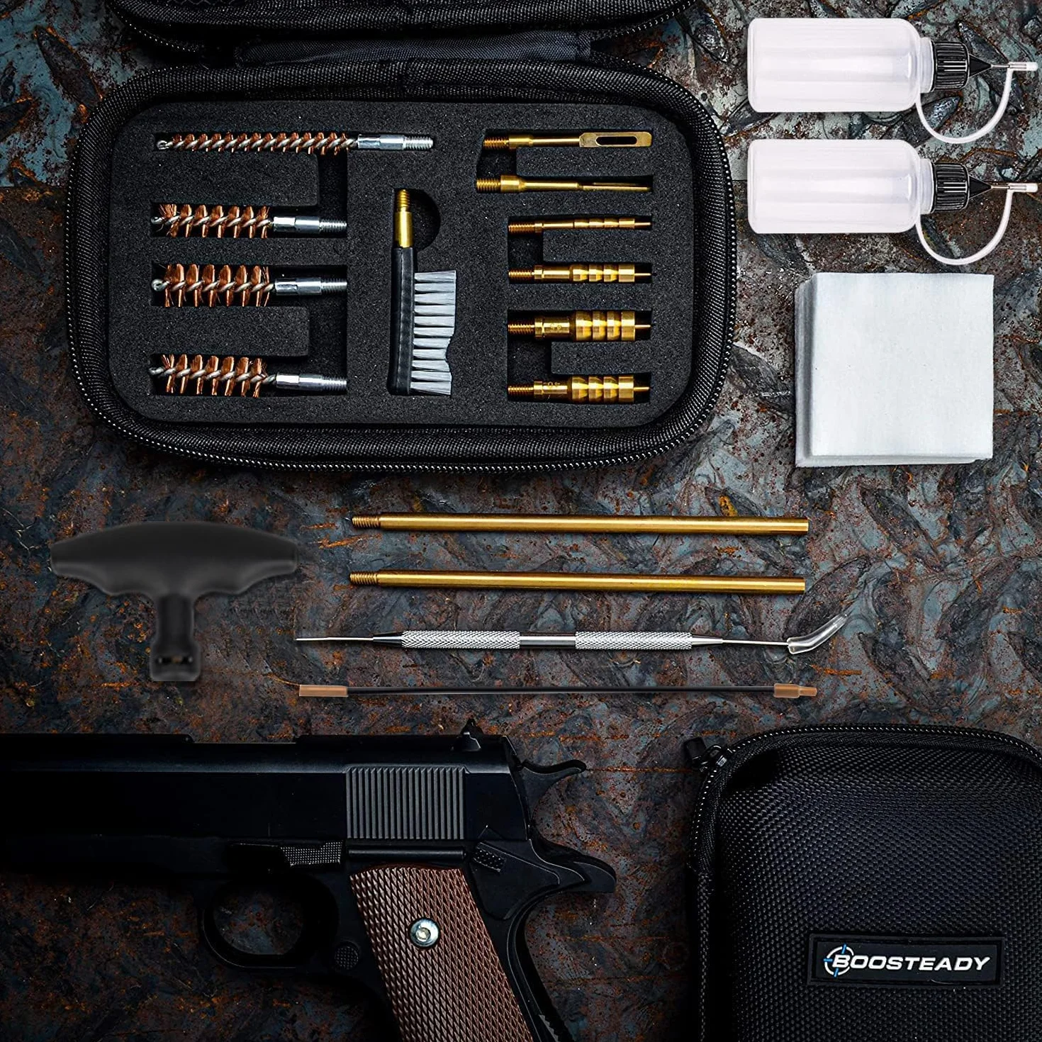 BOOSTEADY Kit de limpieza universal de pistola de calibre .22, .357, .38, 9 mm, kit de limpieza de pistola de calibre .45, cepillo de bronce y adaptador de jag de latón