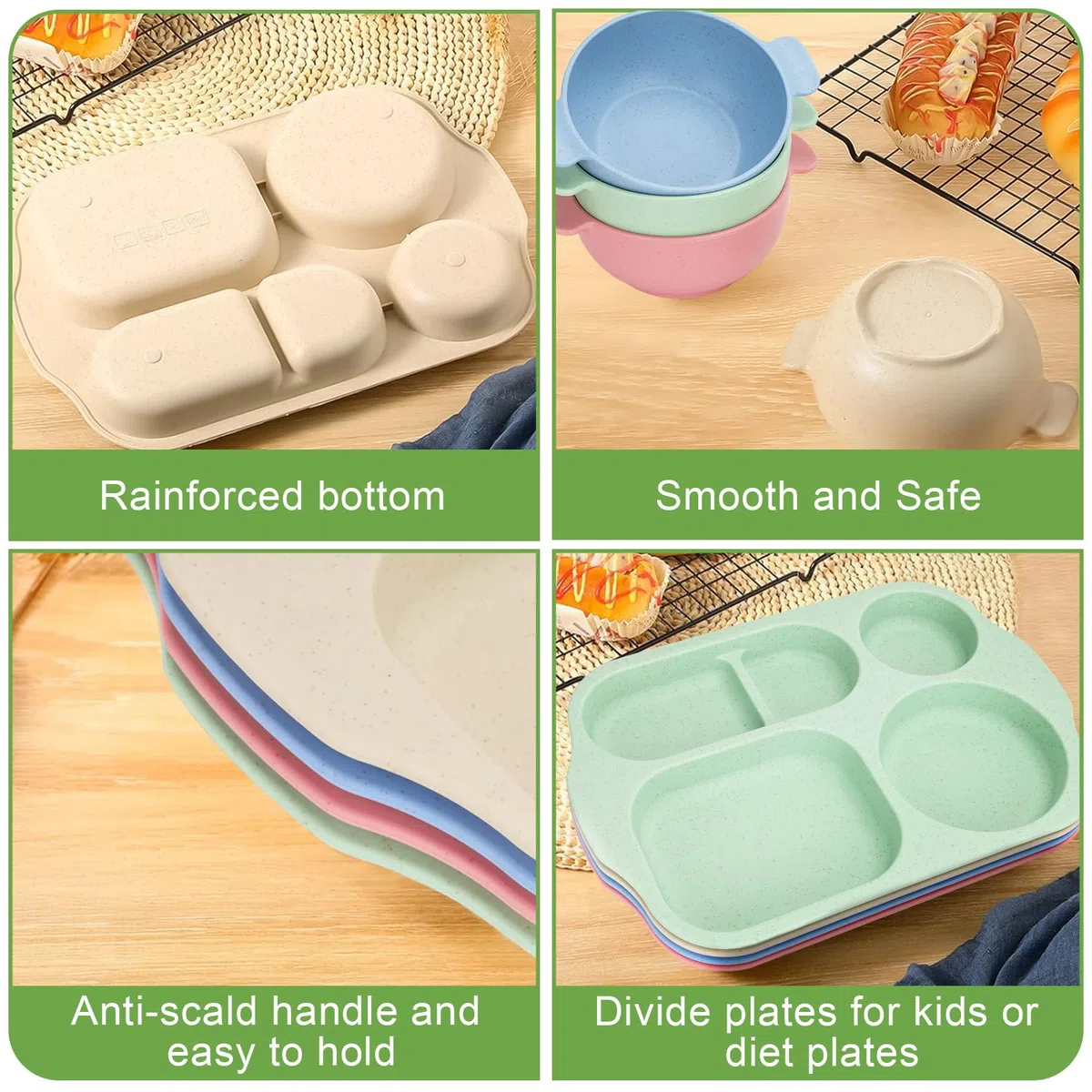 Juego de vajilla irrompible para 4 personas, juego de platos y cuencos divididos para niños, platos de plástico reutilizables, tazas, cuencos, juego de cubiertos para campamento, niños (color claro)