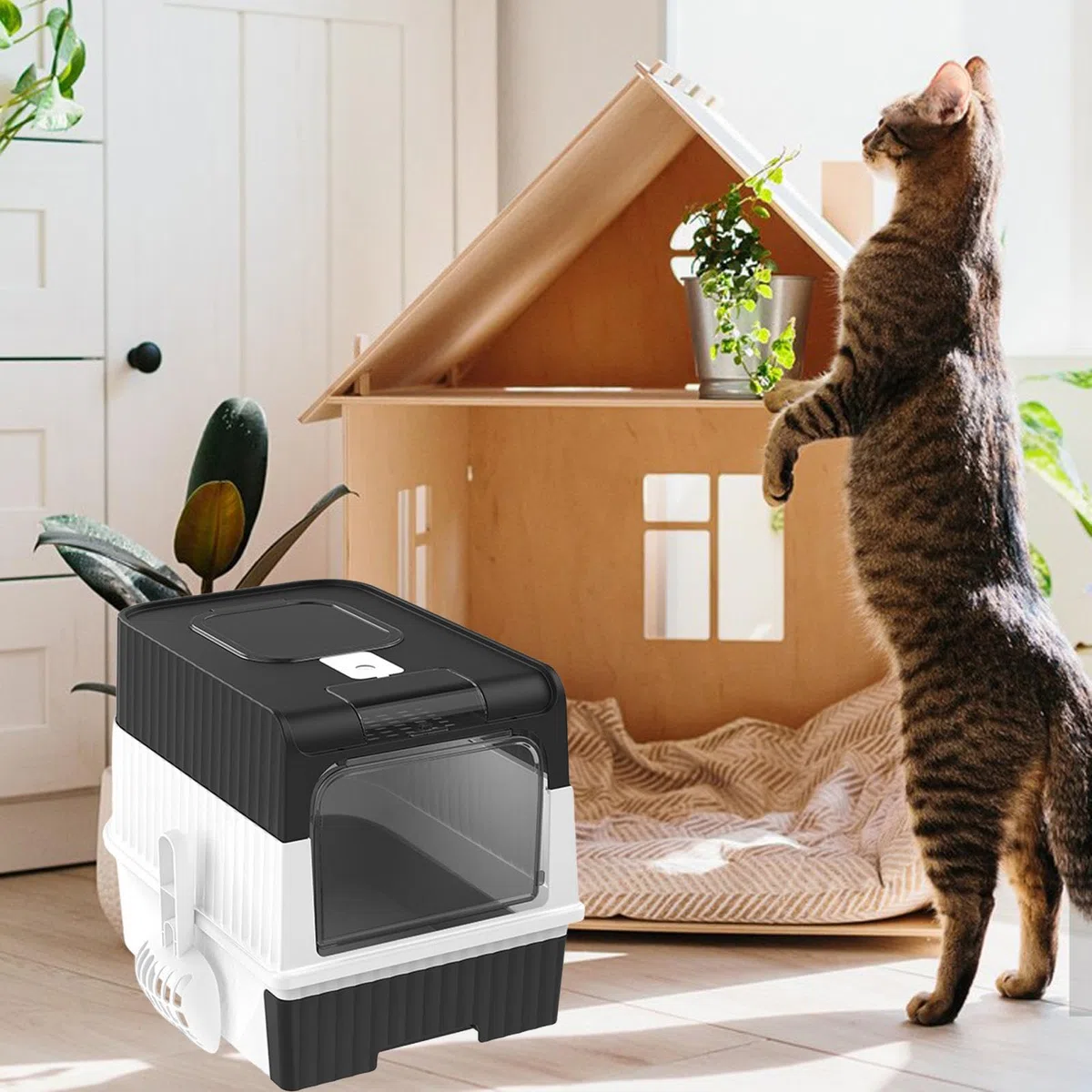 Inodoro Plegable Cerrado para Gatos, con Puerta Frontal Y Cajón Extraíble. Tipos de Arenero para Gatos, Negro