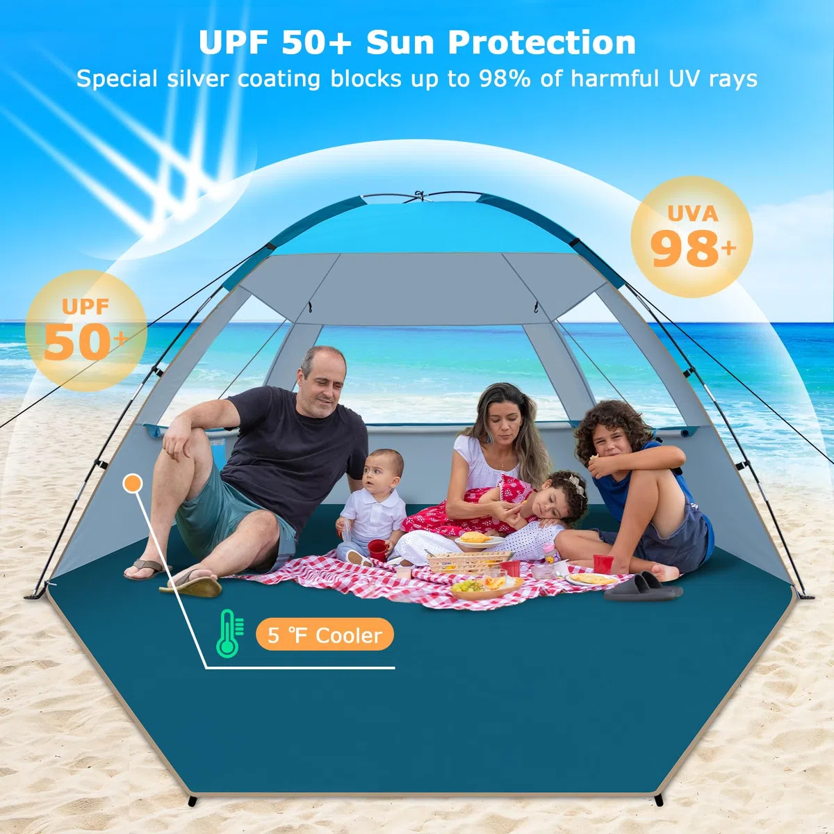 COMMOUDS Tienda de campaña para Refugio Solar, Ligera y fácil de Instalar y Transportar, UPF 50+ para 4-6 Personas Azul Cielo