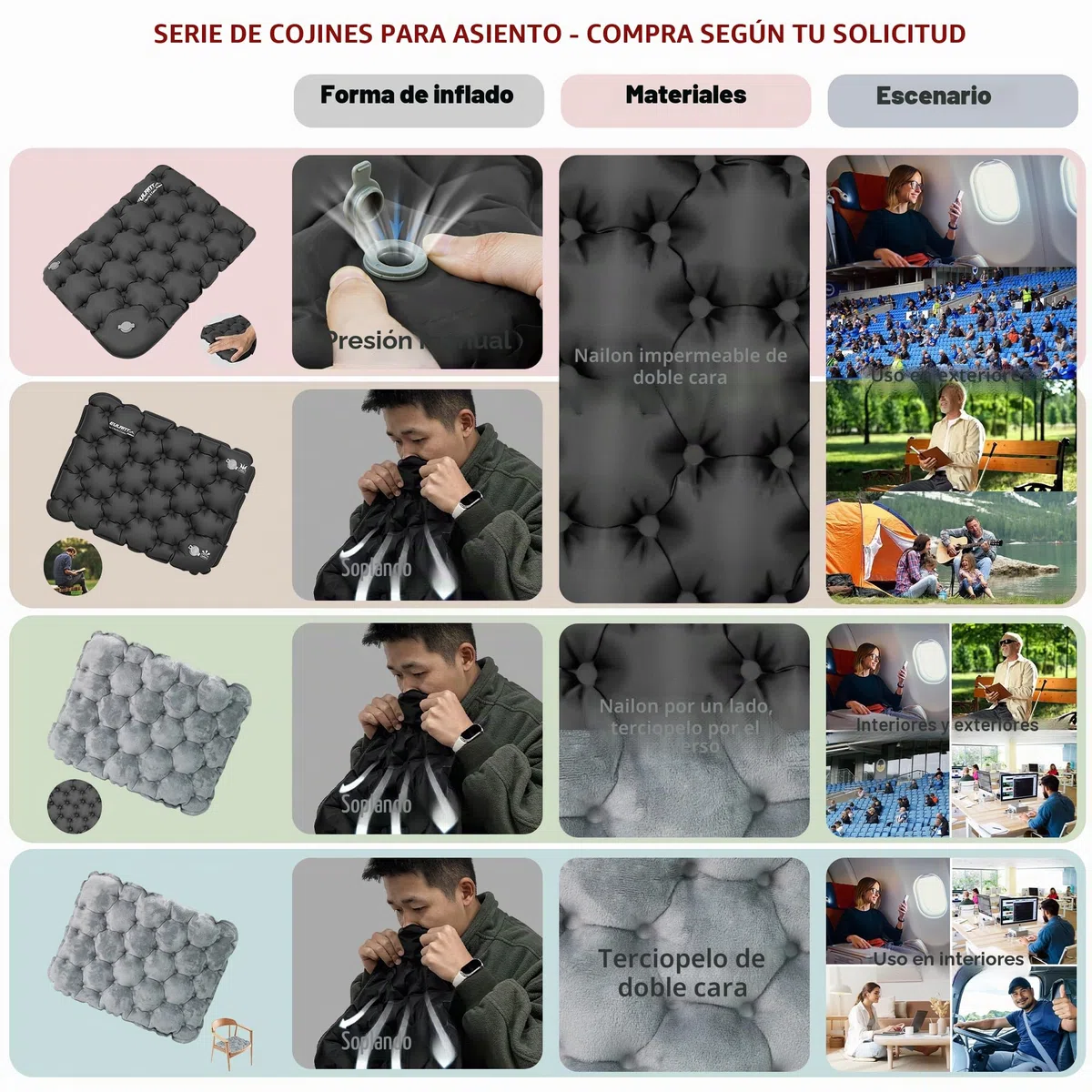 EULANT Cojines de Asiento Inflable,Cojín de Aire Impermeable,Suave Cojín del Avión,Hinchable Esterilla para Camping Viajes Kayak Mochilero Conciertos Estadio Playa Césped Suelo,Inflado por soplado