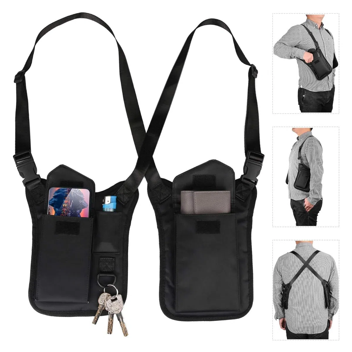 Dilwe Bolsa Antirrobo para Axilas, Bolsa Portátil Ajustable de Poliéster con Doble Hombro para Llaves del Teléfono, Viajes, Montañismo y Diario