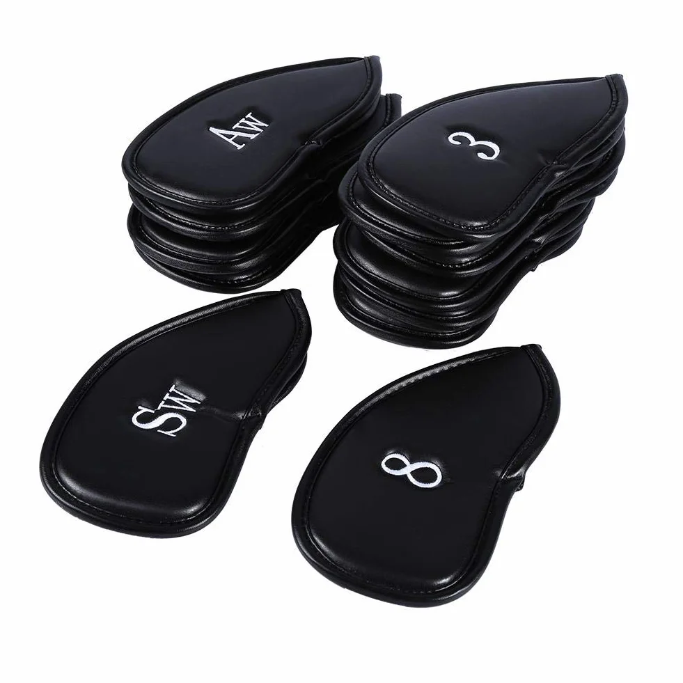 Cubiertas de Cabeza de Golf, 12 Piezas Cuero de PU Resistente al Agua Negro Cubierta de Cabeza de Club de Golf Juego de Protector de Cubierta de Cabeza de Hierro P