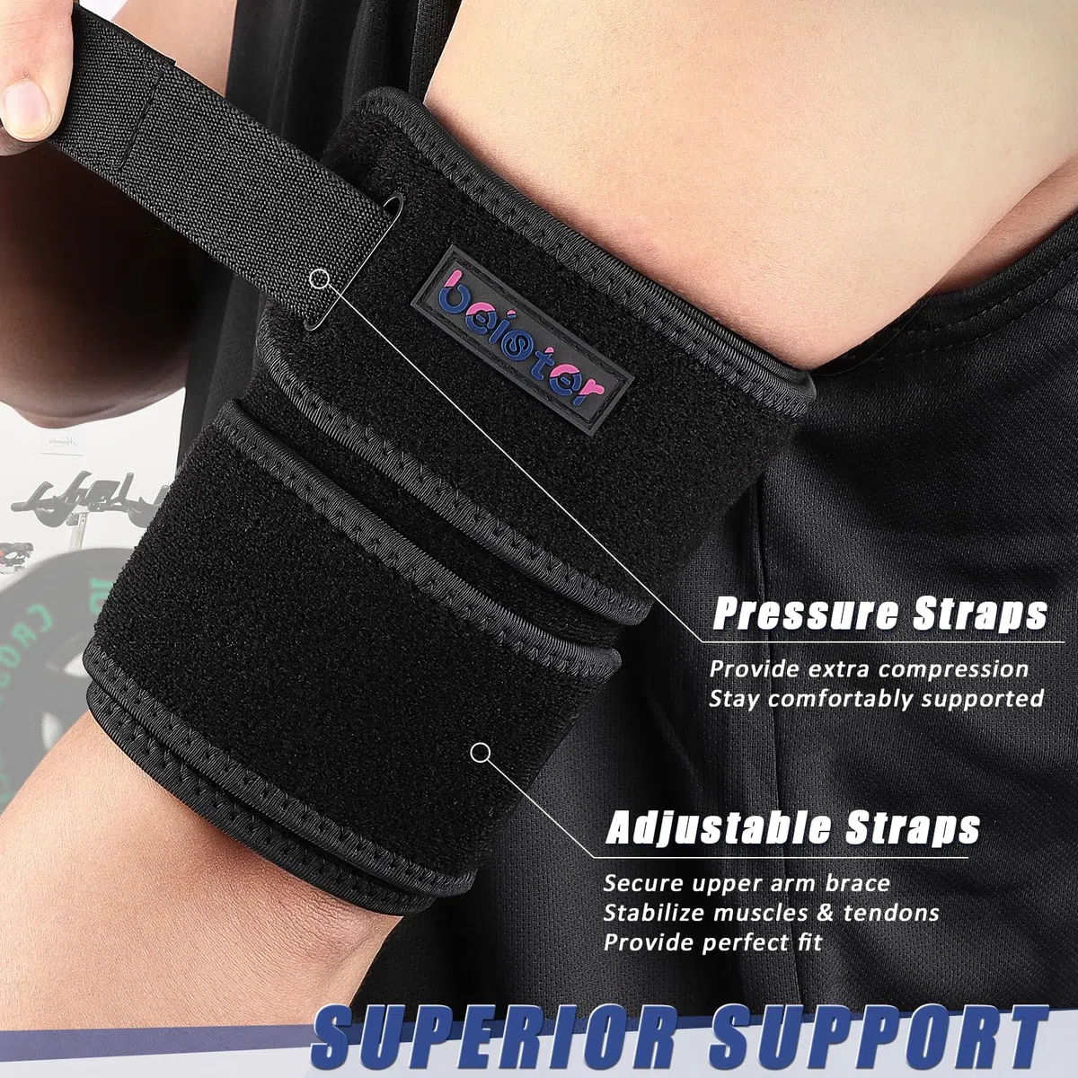 beister Soporte de compresión para brazo superior (individual), soporte para tendinitis del bíceps para hombres y mujeres con 4 correas de presión, manga de compresión para tríceps y envoltura para