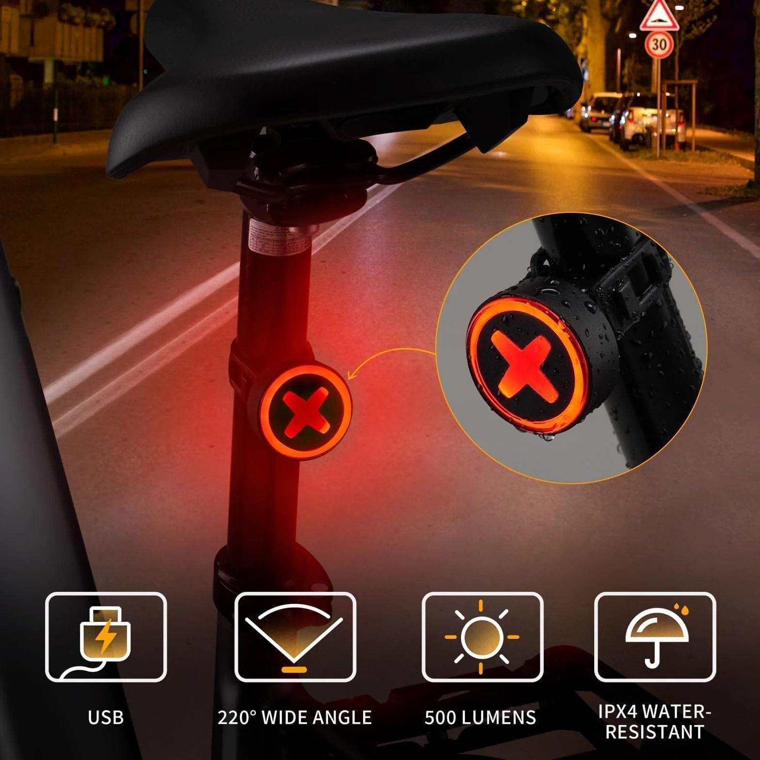 Kit de iluminación de bicicleta Batería USB y duración de iluminación de 8,5 h I Kit de iluminación LED impermeable y recargable I Luz de bicicleta