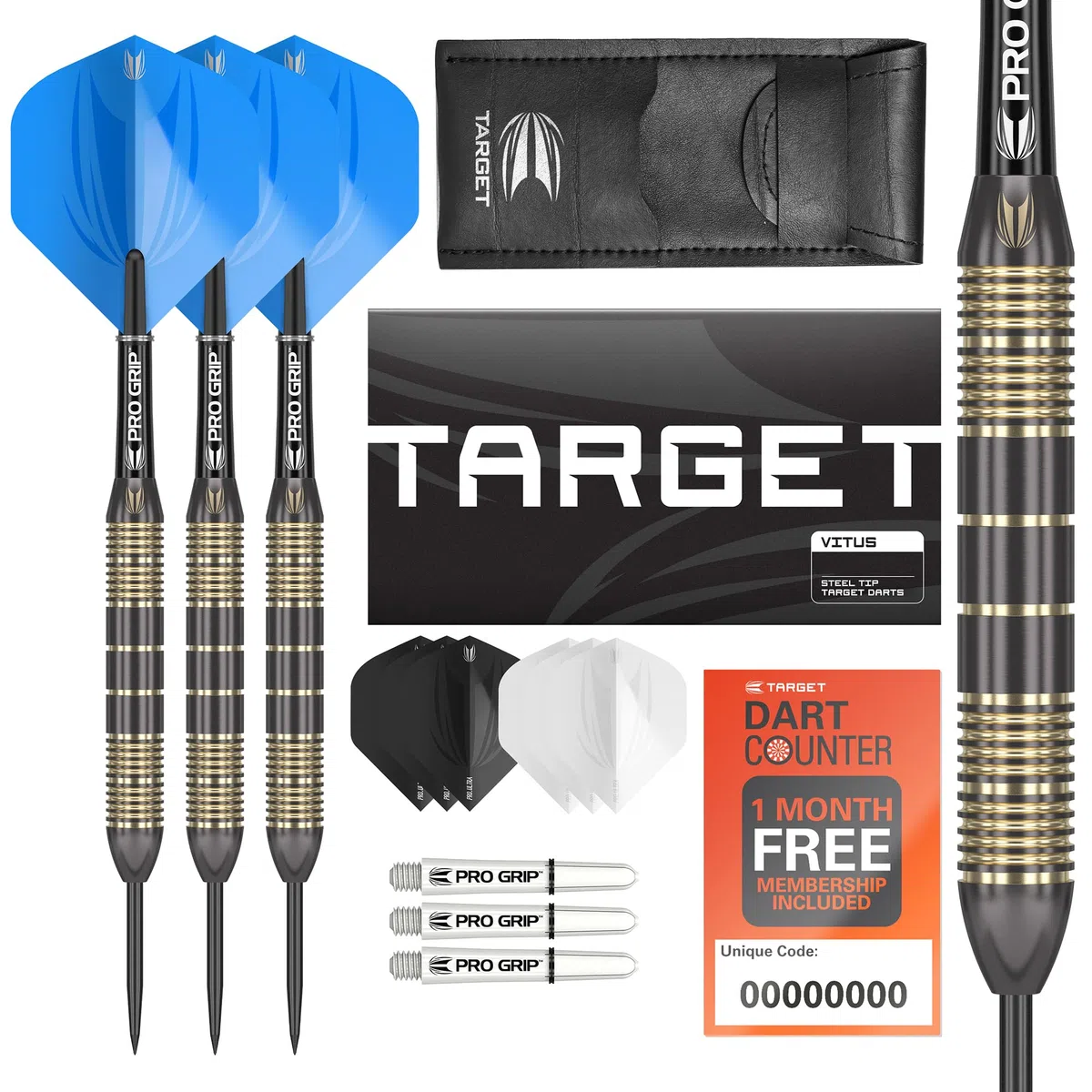 Target Darts Vitus 22G/23G/24G Juego de Dardos con Punta de Acero y Caña de Latón - 6 Cañas Pro Grip - 9 Alas Pro Ultra - Estuche para Dardos