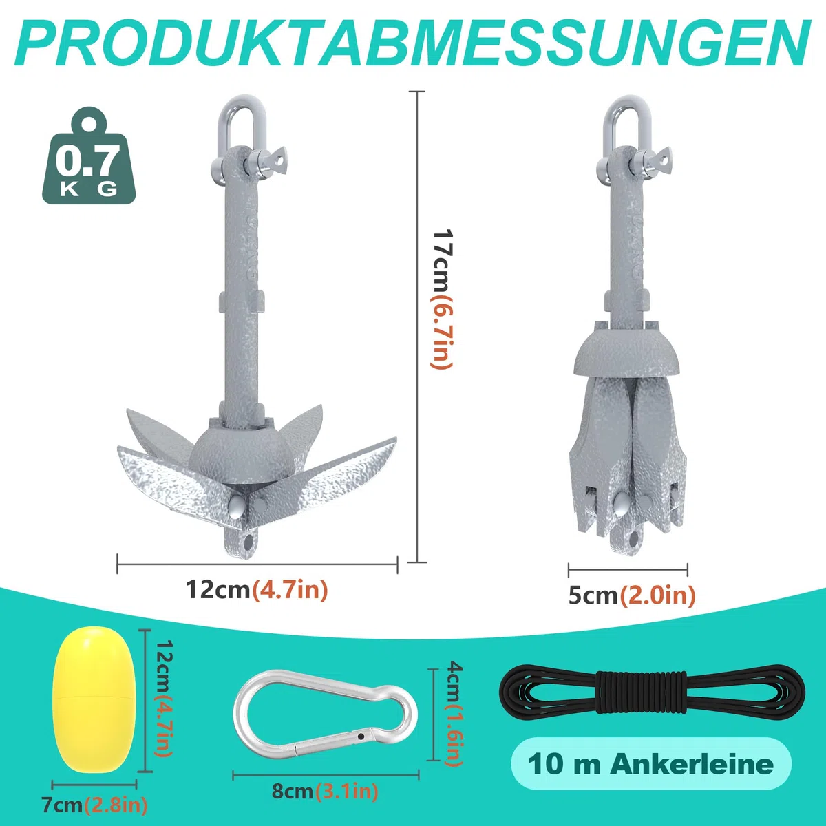 Froadp Set de ancla para barco de hierro fundido galvanizado en caliente con bisagras de 10 m de cuerda de anclaje, mosquetón, boya y bolsa de transporte, para kayaks, canoas o remo SUP