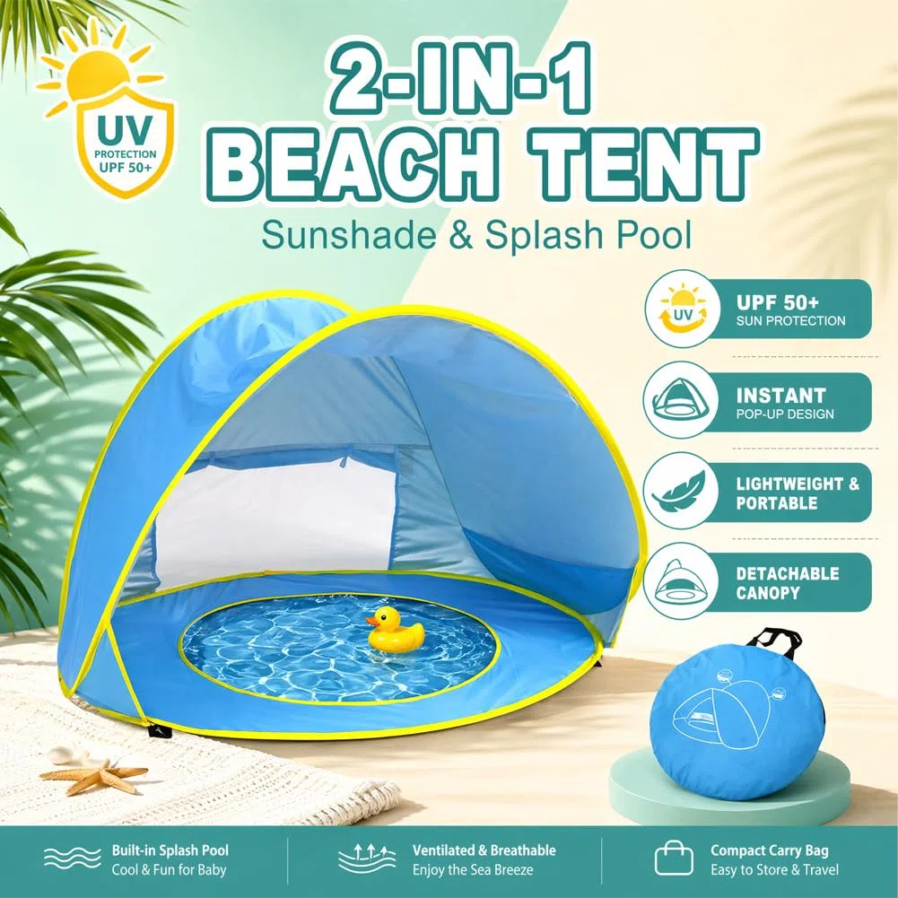 CEWROM Refugio de playa para bebé, tienda de campaña para la playa, tienda de campaña para bebés con mini piscina separable, portátil, Pop Up Baby Playa, protección UV, para niños pequeños, bebés