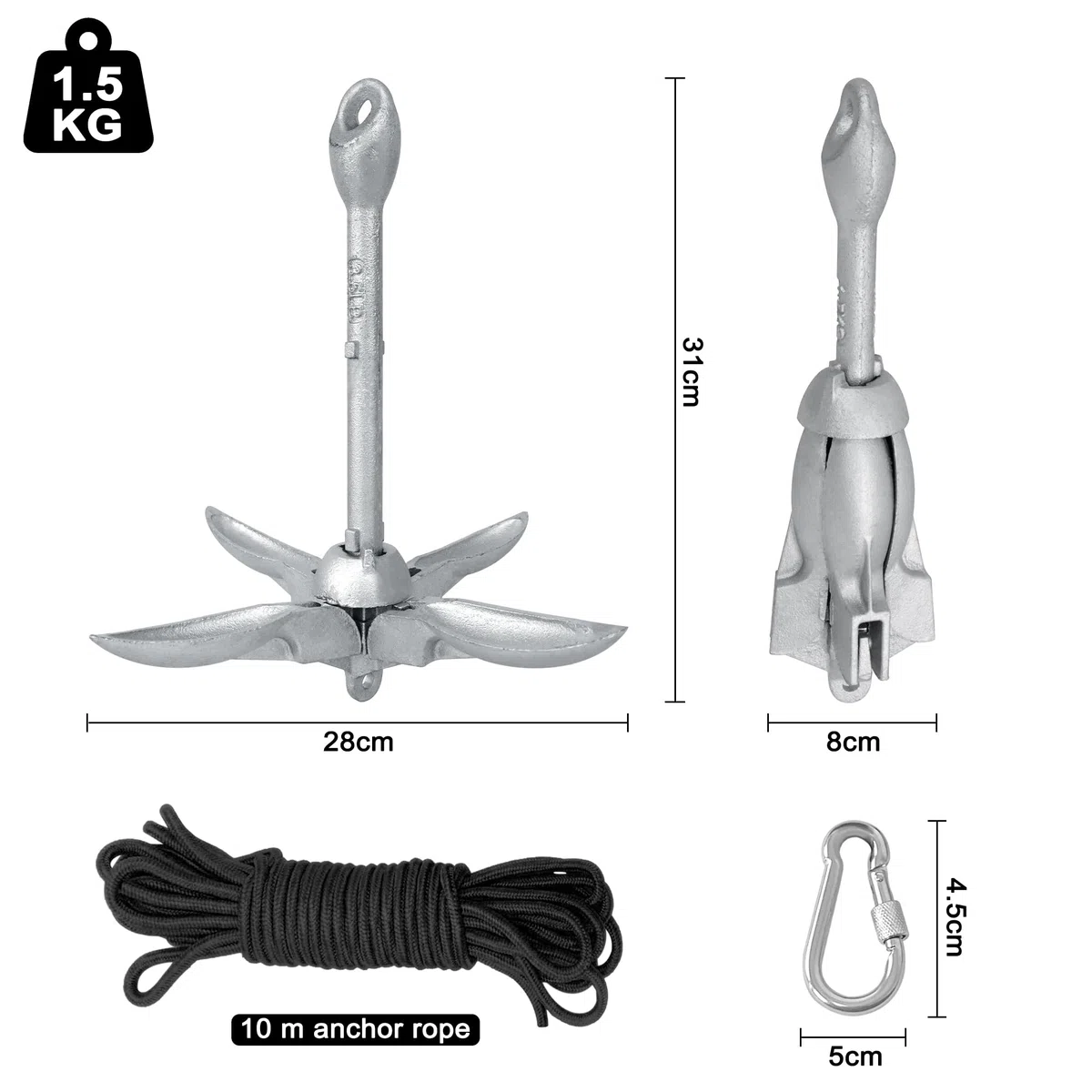 YUENFONG Ancla Plegable, Ancla Plegable con Cuerda de Ancla de 10 m, Juego de Ancla de Hierro galvanizado, Ancla de Cuatro Ganchos, incluida Bolsa Impermeable, para Kayaks, canoas