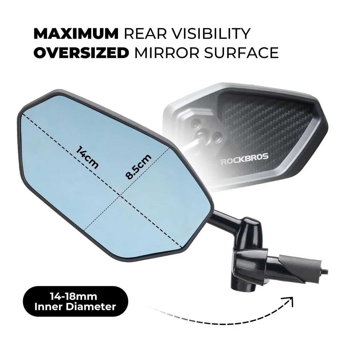 ROCKBROS Espejo Retrovisor para Bicicleta Bar End, Cristal Auténtico Antideslumbrante, Ajustable Flexible, Universal, Superficie de Espejo Extragrande, Fibra de Carbono Izquierdo