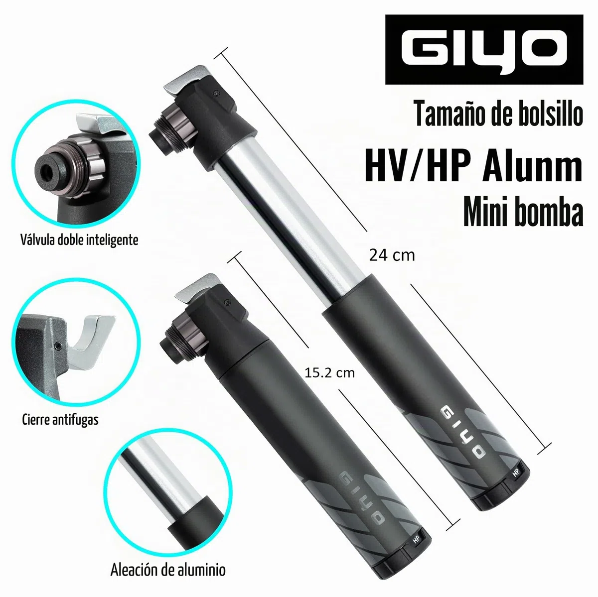 GIYO GM-45CT - Minibomba de bicicleta de 2 fases de alto volumen (80 cc) / bomba de aluminio de alta presión (7 bar) para bicicleta de montaña, válvula Clever Twin (Presta/Schrader/Dunlop), tamaño de