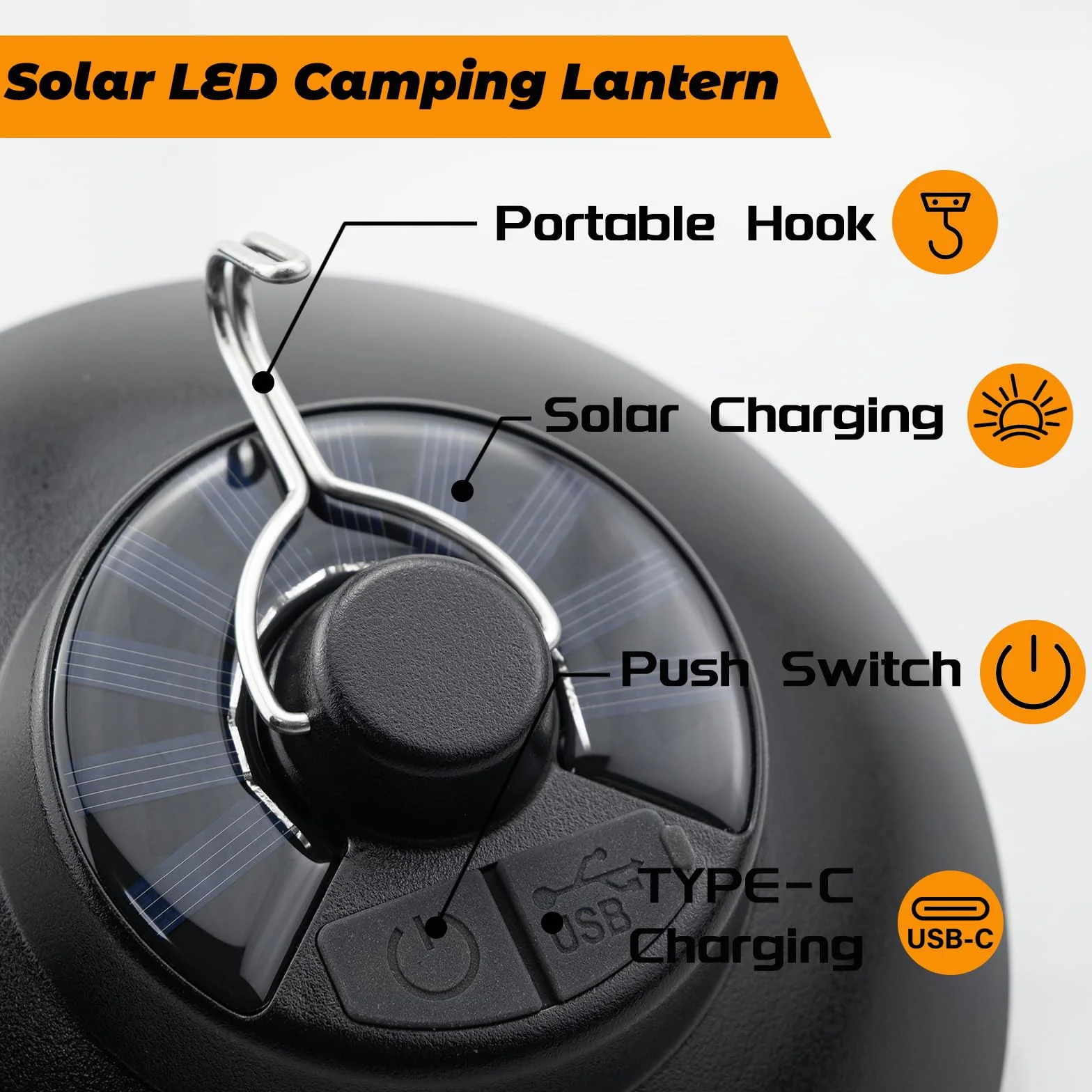 Solar Linterna de Camping Retro LED Recargable – 200 Lúmenes, 2600mAh, Panel Solar Integrado & USB-C, IPX4, 2 Modos, Luz Blanca Cálida, para Camping, Jardín, Emergencias