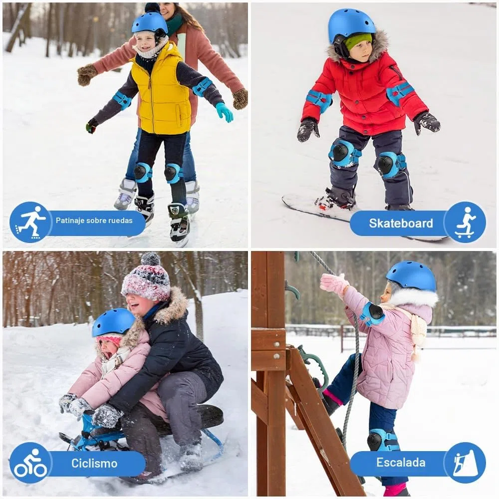 Conjuntos de Patinajes , Niños Protecciones Patines Infantiles Set de Protección Patinaje con Casco Ajustables Rodilleras y Coderas para Ciclismo Monopatín Patinaje y Otros Deportes, Azul