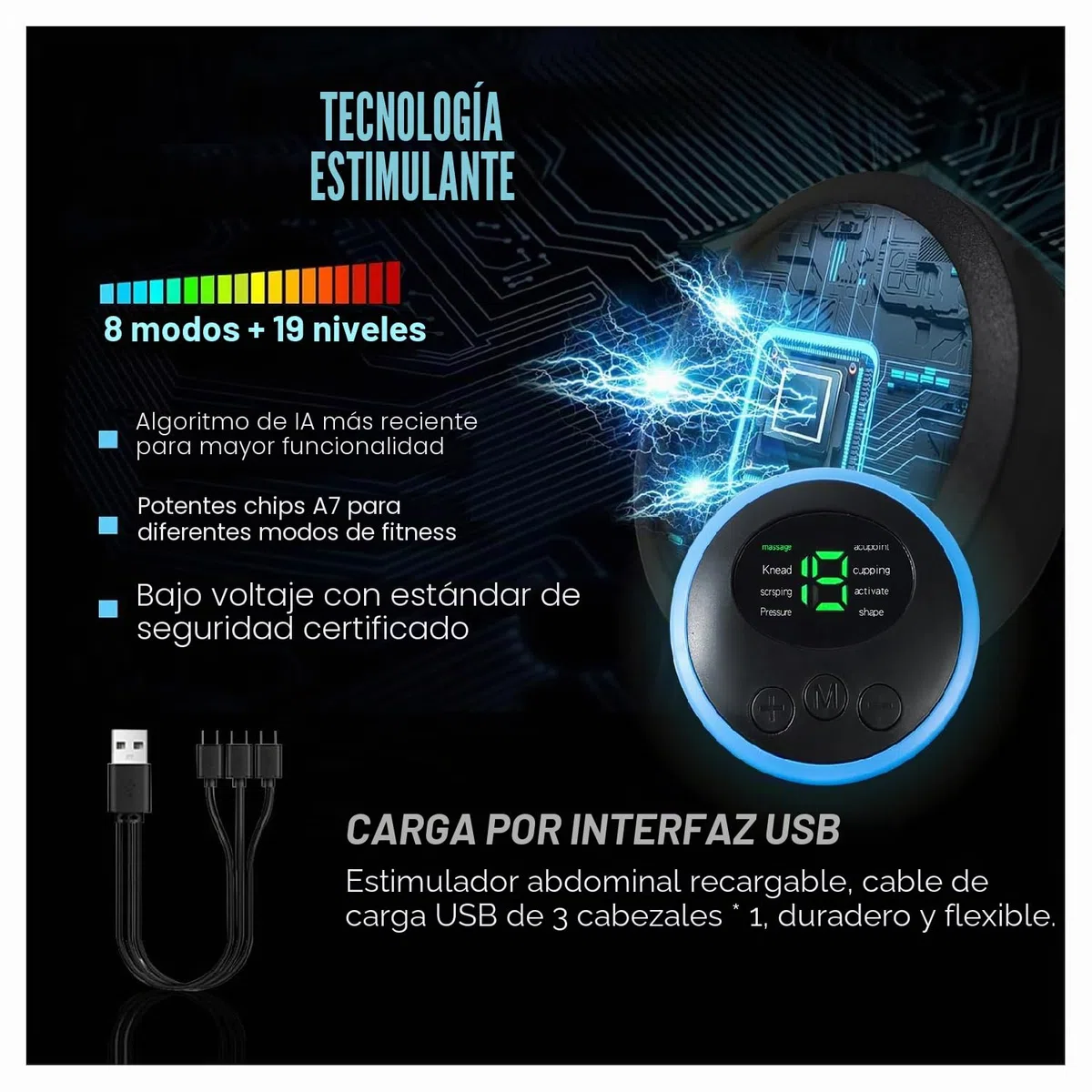 AILEDA Electroestimulador Muscular,EMS Estimulación focalizada de los Abdominales,8 Modos y 19 Intensidades,para la construcción de músculo,Tactical Electroestimulador Cuerpo Interior y exterior