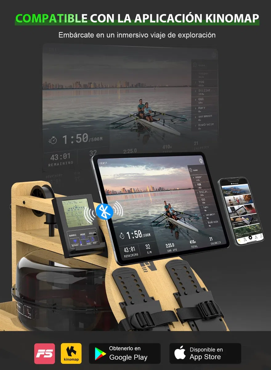 Neezee Wasser Rudergerät für Zuhause, Klappbar Rudergerät aus Massivholz, Rudermaschine mit Bluetooth Anzeige und Tablet-Halterung, MAX 200kg Belastbar, Kompatibel mit Kinomap App