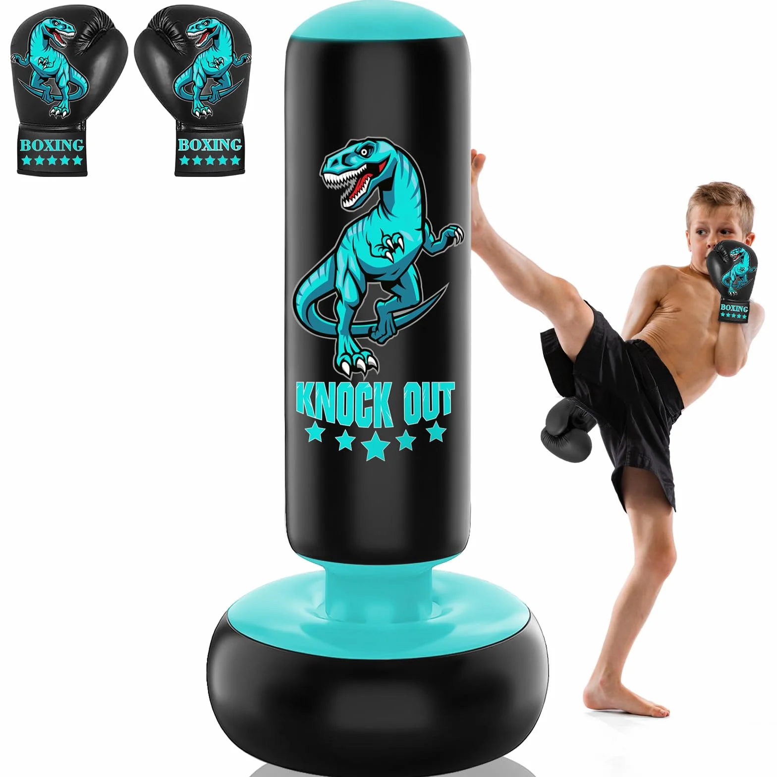 Saco de Boxeo niños, Juego de Saco Boxeo Independiente de 160 cm con Guantes de Boxeo,Feroz Dinosaurio Deportivo Inflable Saco de Kickboxing para Entrenamiento de kárate Taekwondo MMA