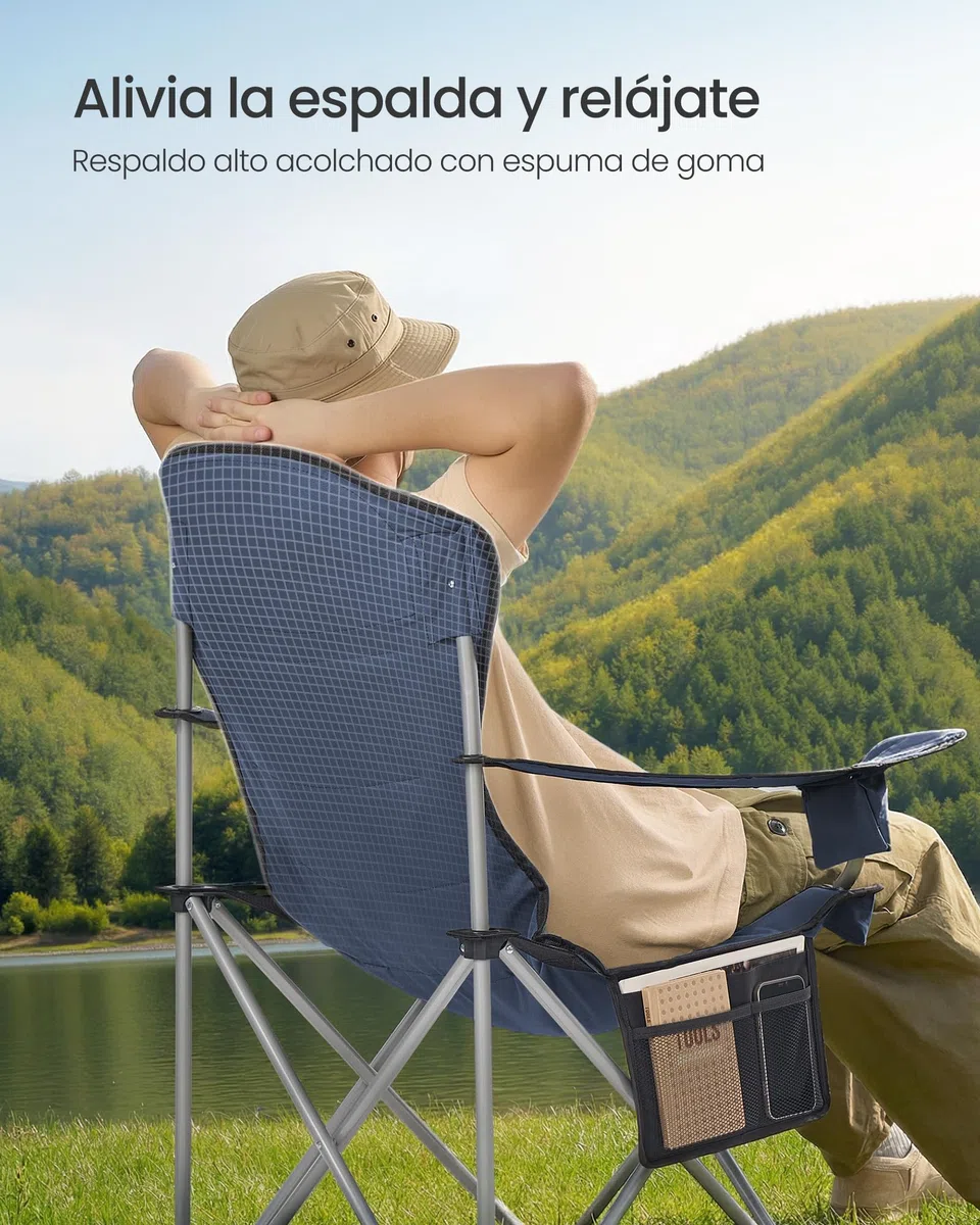 SONGMICS Silla de Camping, Silla Plegable y Portátil con Asiento Amplio, Respaldo Alto, con Portavasos, Soporte para Móvil, Organizador de Tela, Azul y Gris GCB005QE01