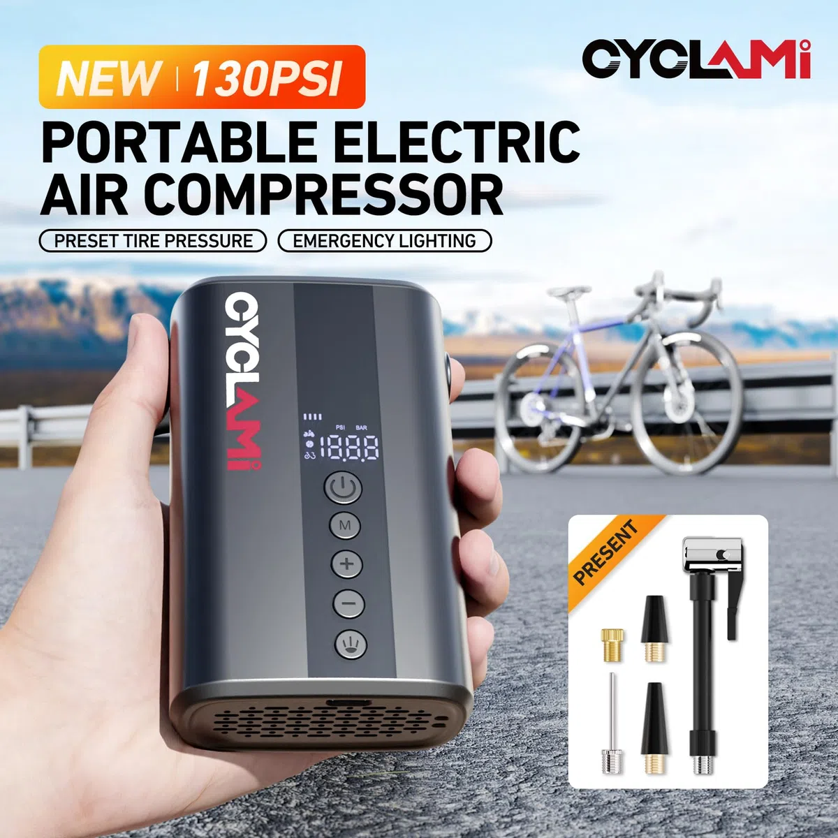 Bomba de Bicicleta, CYCLAMI 130PSI Bomba para Bicicleta Eléctrica, Bomba de Bicicleta Portátil para Válvulas Presta & Schrader para Bicicleta de montaña, Bicicleta de Ciudad