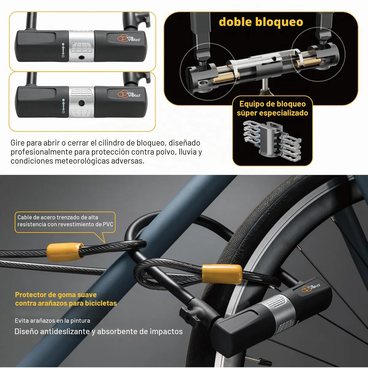 Candado U Lock para Bicicleta con con Cable - Robusto Candado U Lock Via Velo, Cerradura de Bloqueo de 14mm y 10mm x1.8m Cable con Soporte de Montaje para Bicicleta