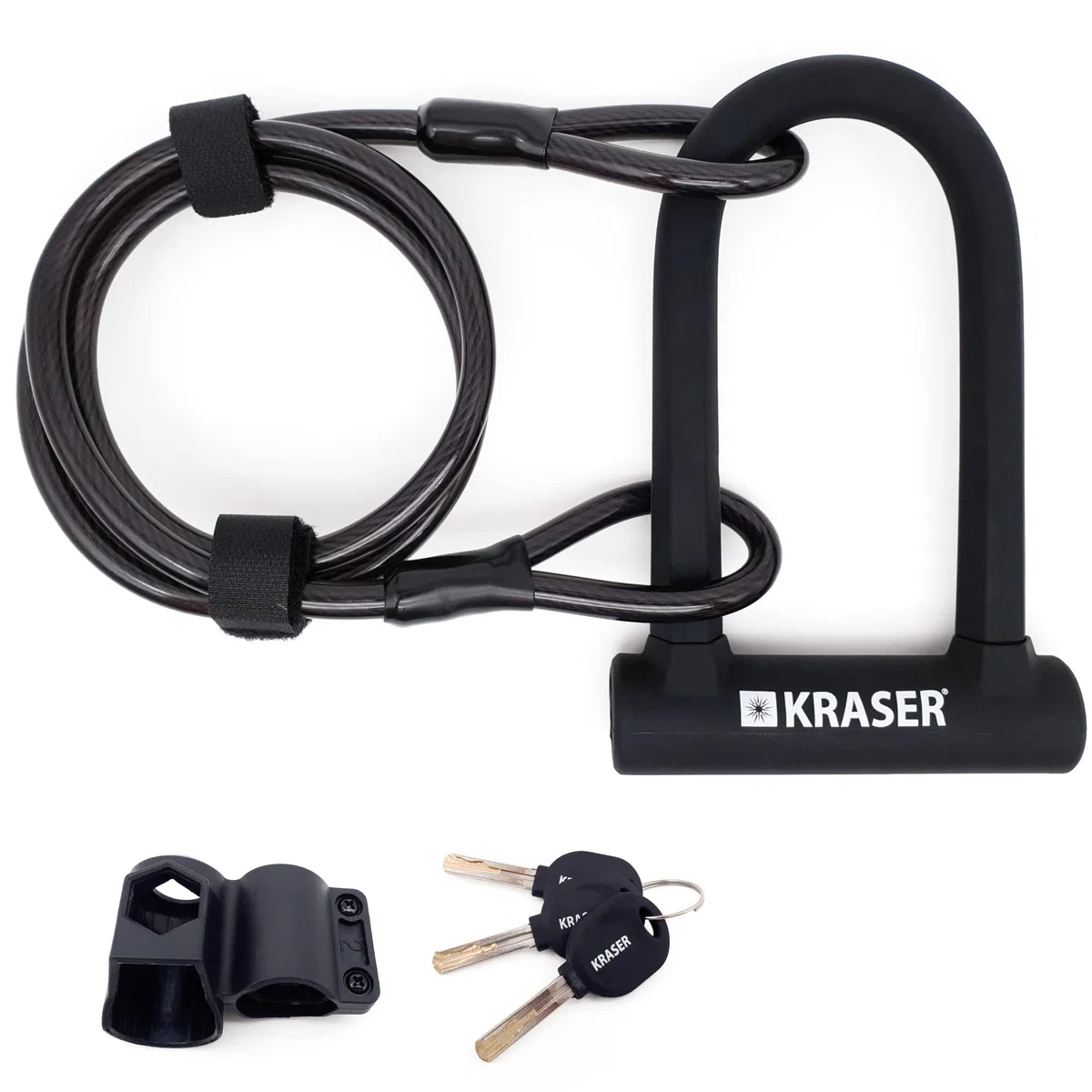 KRASER KR65145B Candado Bicicleta U, Alta Resistencia, Compacto + Cable 120cm Más Seguro y Páctico, Horquilla ø16 Acero de Doble Bloqueo, Soporte Fácil Transporte, Antirrobo Universal Bici Patinete