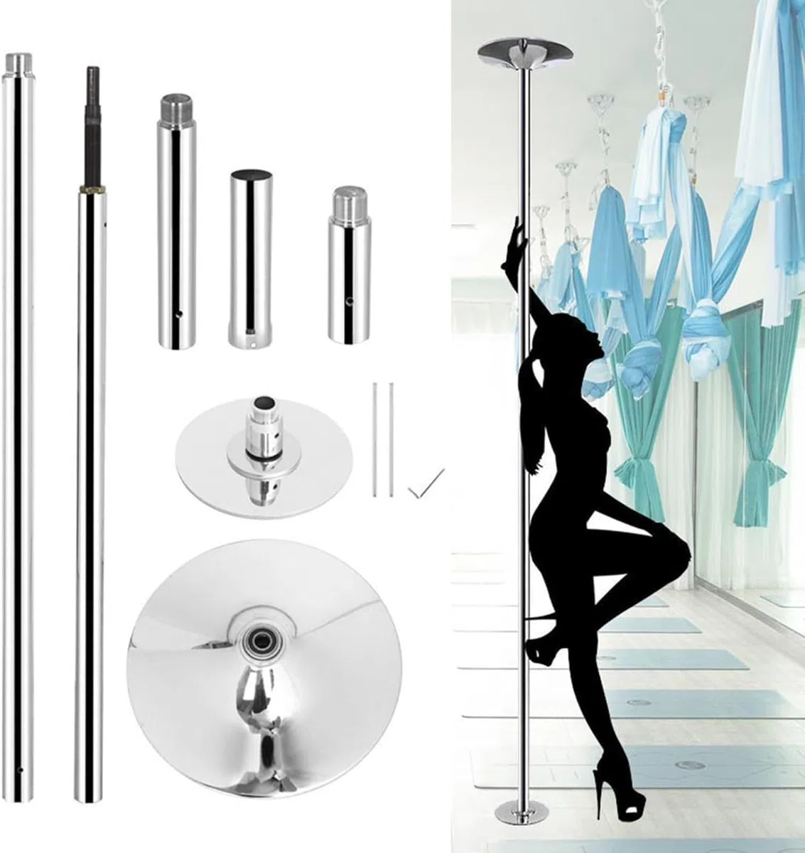 AviiSo Barra Pole Dance para el hogar con Techo Alto de 2,24 m-3,8 m, Kit de Poste de Baile estático Giratorio de 45mm, Ejercicio físico para Principiantes, Carga 200kg (Color : Silver, Size : 2.7M-