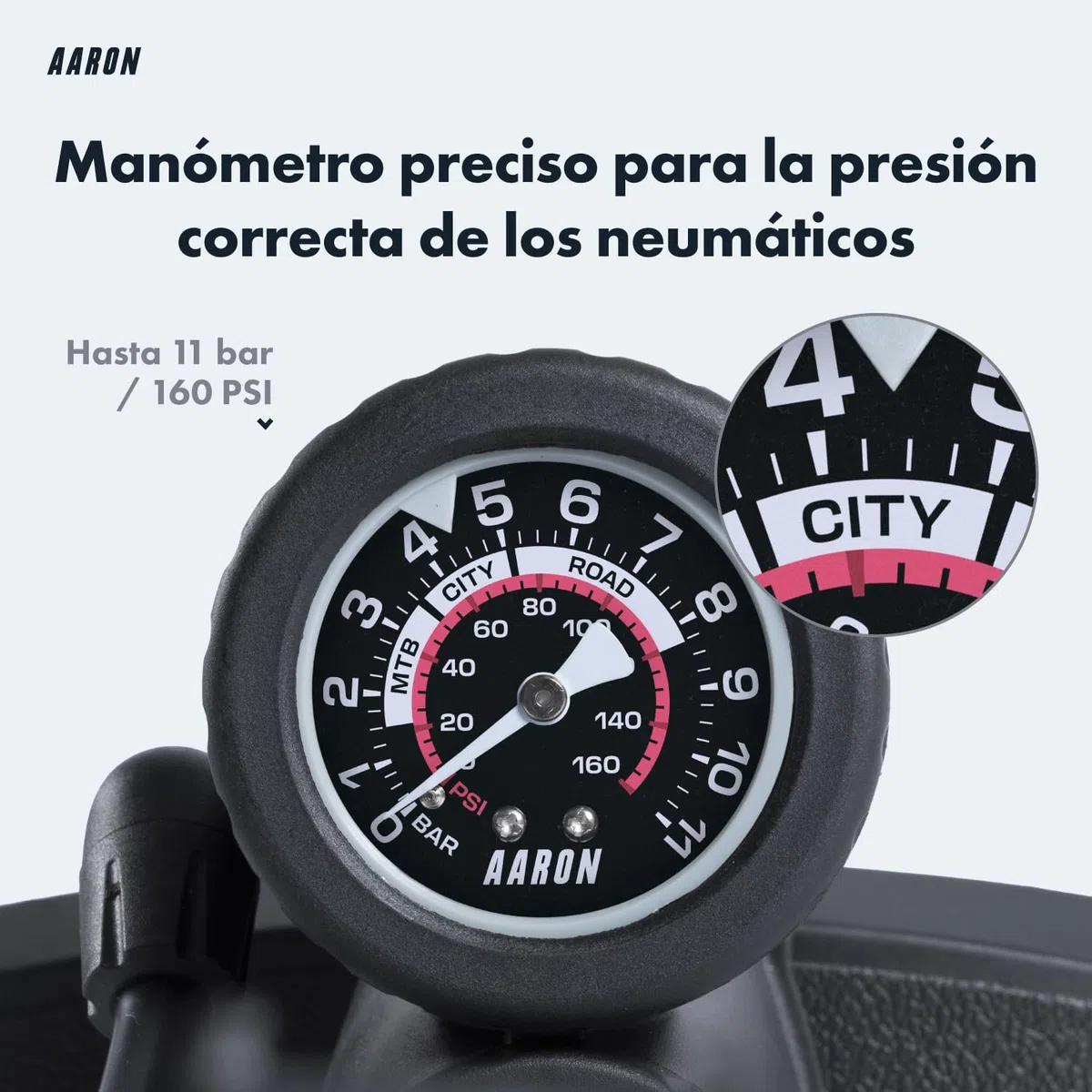 AARON AIR Bomba de pie para bicicleta con manómetro para todas las válvulas, bomba de alta presión para bicicleta de carretera, bomba de aire, bomba con accesorio de bola (gris)