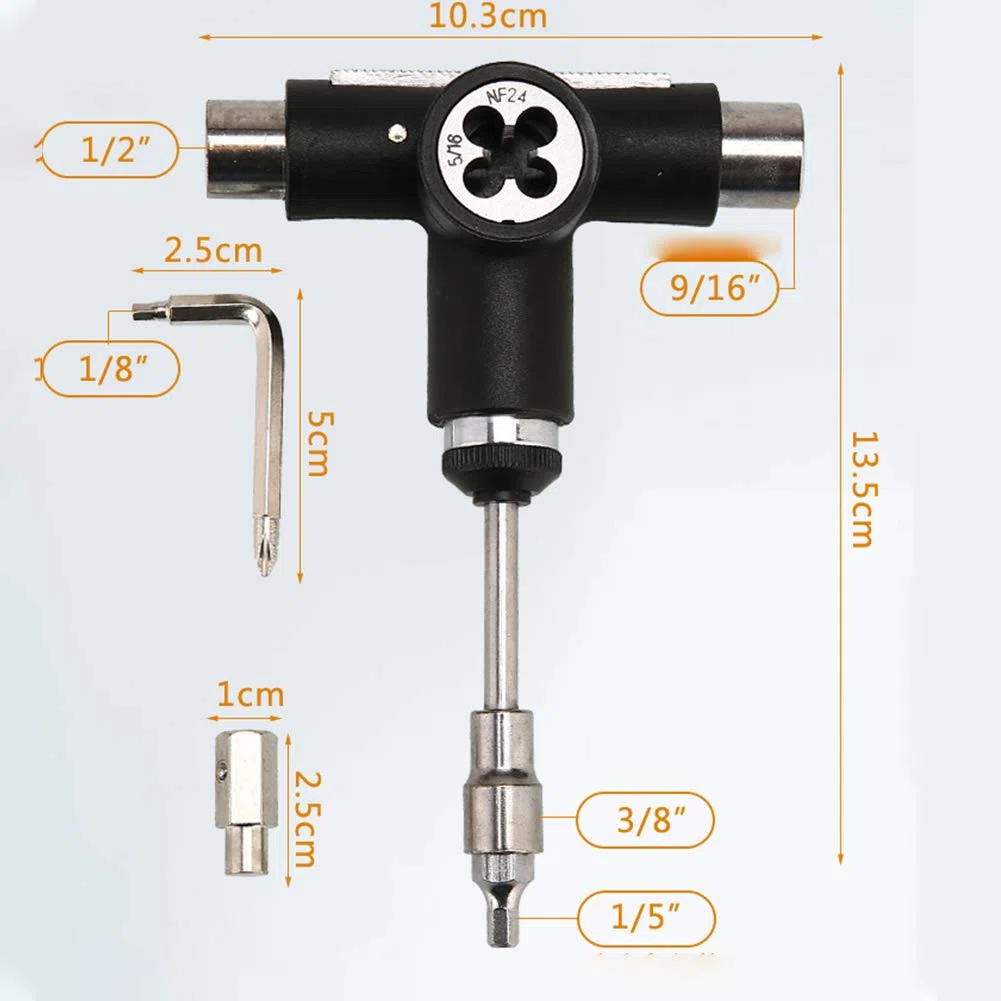 Skate Herramientas, T Herramienta Accesorio Todo en Uno Multifuncional Portátil T-tool Skate Herramientas con T-Tipo Llave Allen L-Tipo