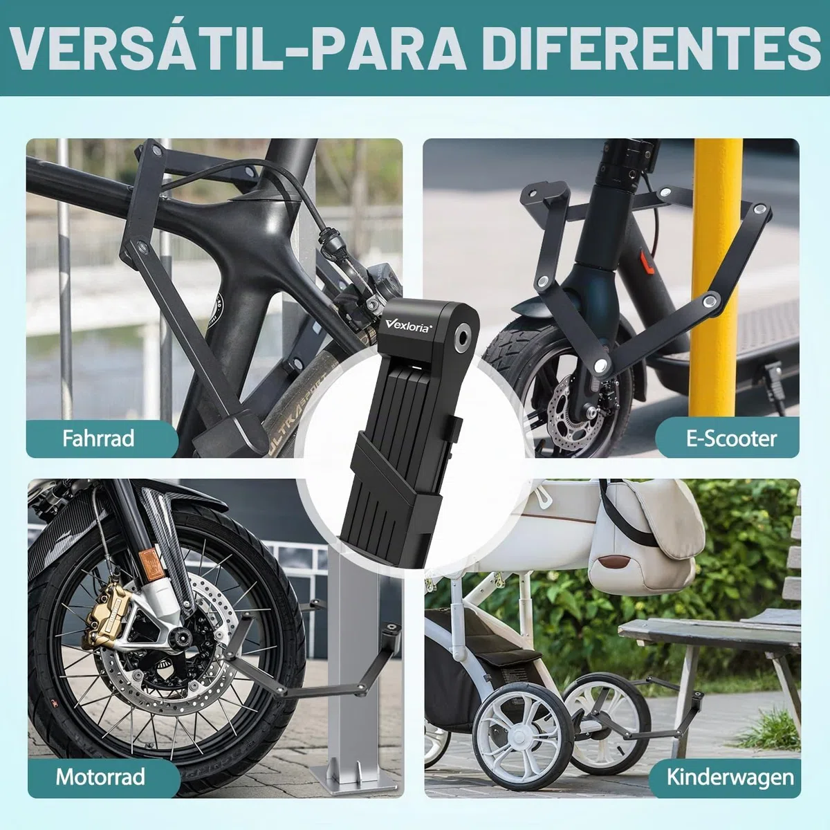 Vexloria Candado Plegable para Bicicleta | Alta Seguridad Antirrobo | Acero Endurecido | Longitud 86 cm | Con Soporte | Para Bicicleta, E-Bike y Moto
