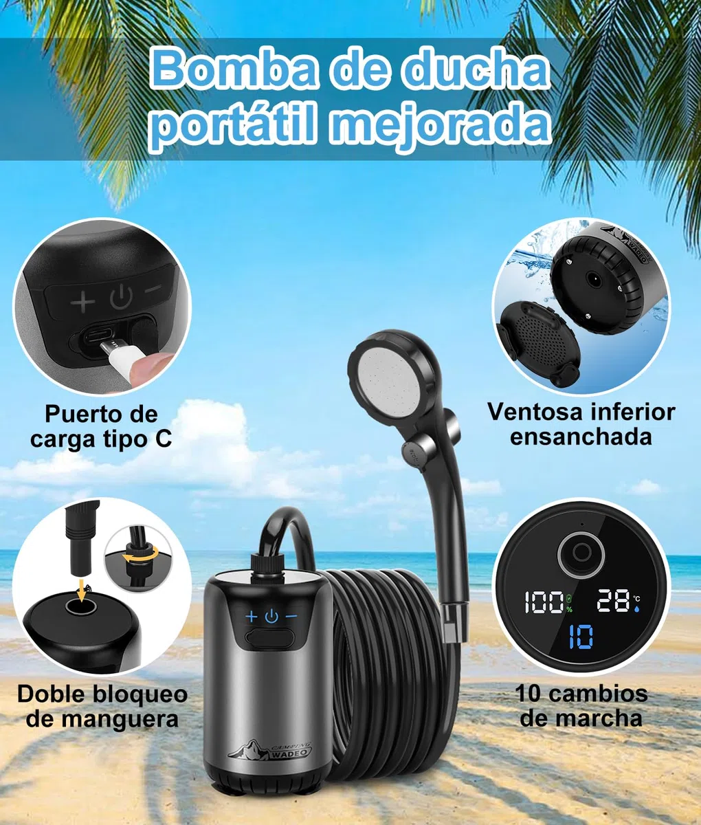 WADEO Ducha portátil para Acampada con Bomba y batería Recargable de 8000 mAh, 180 Minutos de autonomía, 10 velocidades, Set de Ducha móvil para jardín, Lavado de Coches, Mascotas, Viajes y Playa