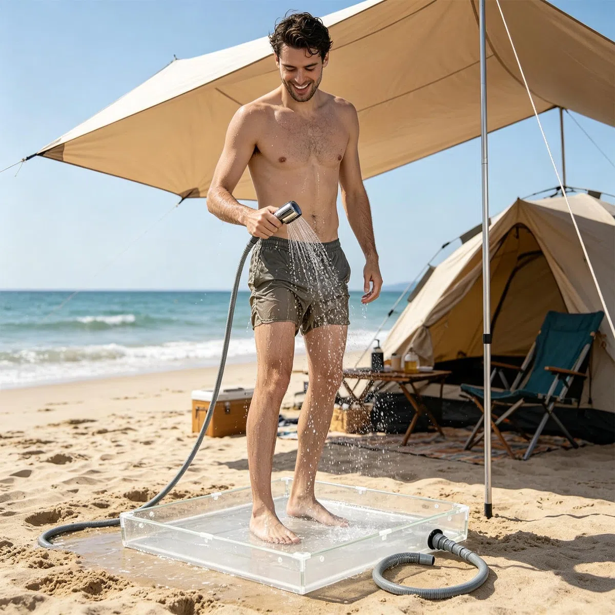 Base de ducha portátil - Bandeja de PVC plegable ďe 31,5 pulgadas, plato đe ducha para camping | Cuenca d́e agua transparente con drenaje, cordón grueso, bandeja d̄e baño compacta para RV, tienda dé c