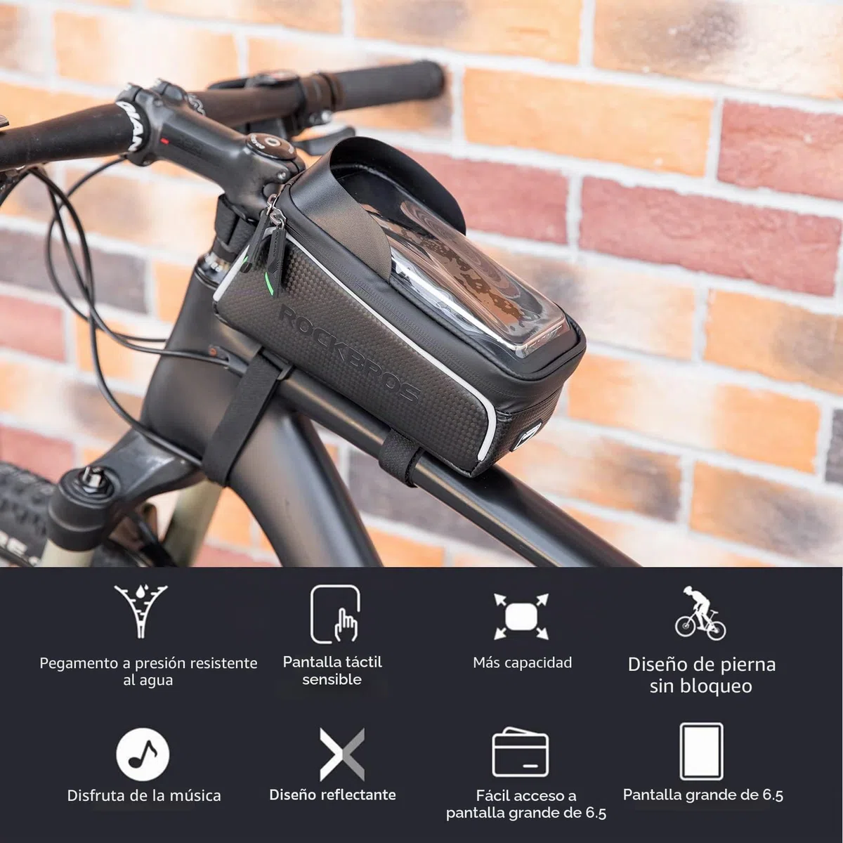 ROCKBROS Bolsa Móvil de Bicicleta Resistente al Agua, Porta Móvil para Teléfono de hasta 6,5” para Bicicleta de Montaña y Carretera, Soporte con Pantalla Táctil, Accesorios de Ciclismo, Negro