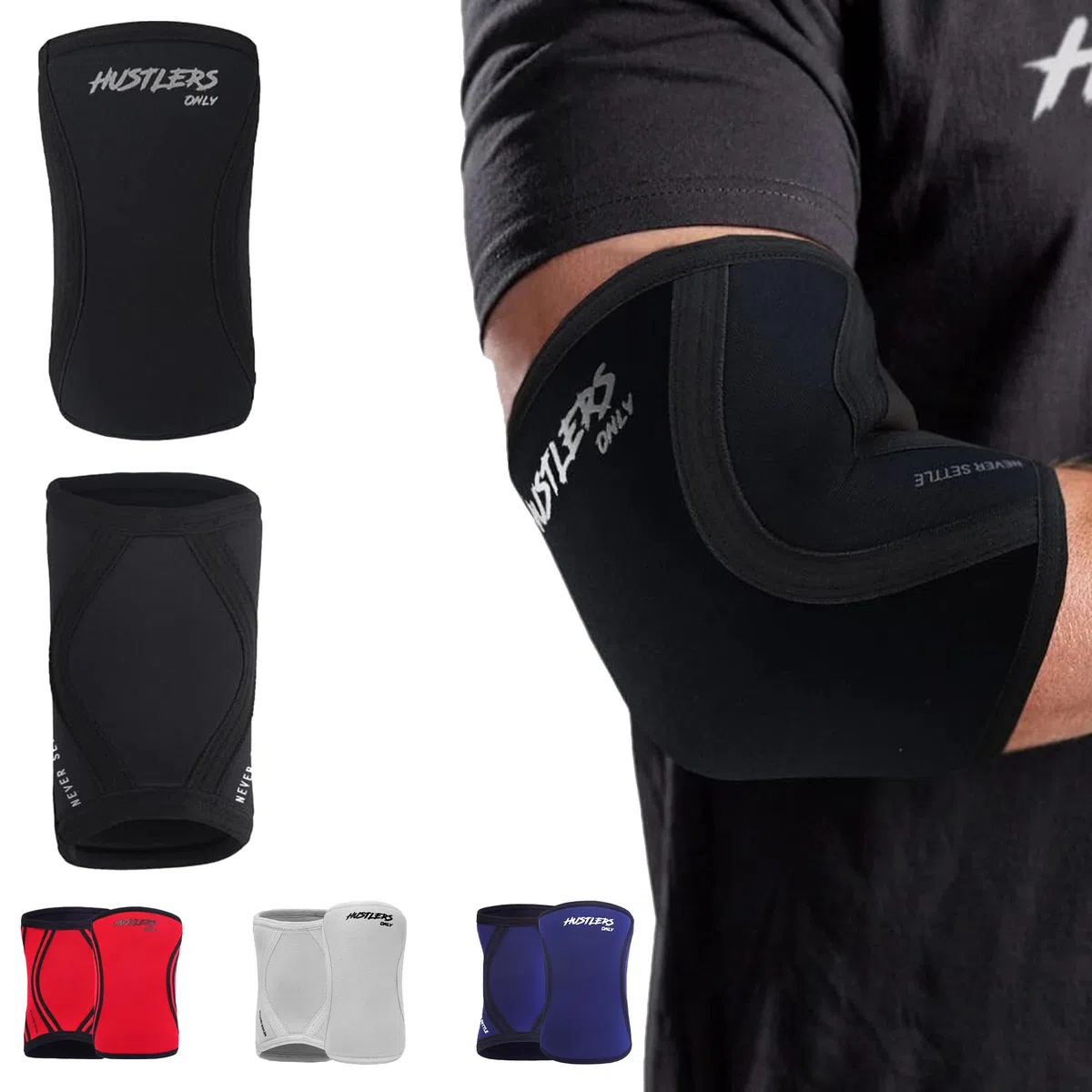 Hustlers Only Coderas de Compresión Neopreno 5 mm para Levantamiento de Pesas – Alivio del Dolor Articular, Soporte de Codo para Gimnasio, Fitness y Entrenamiento (XS, Negro)