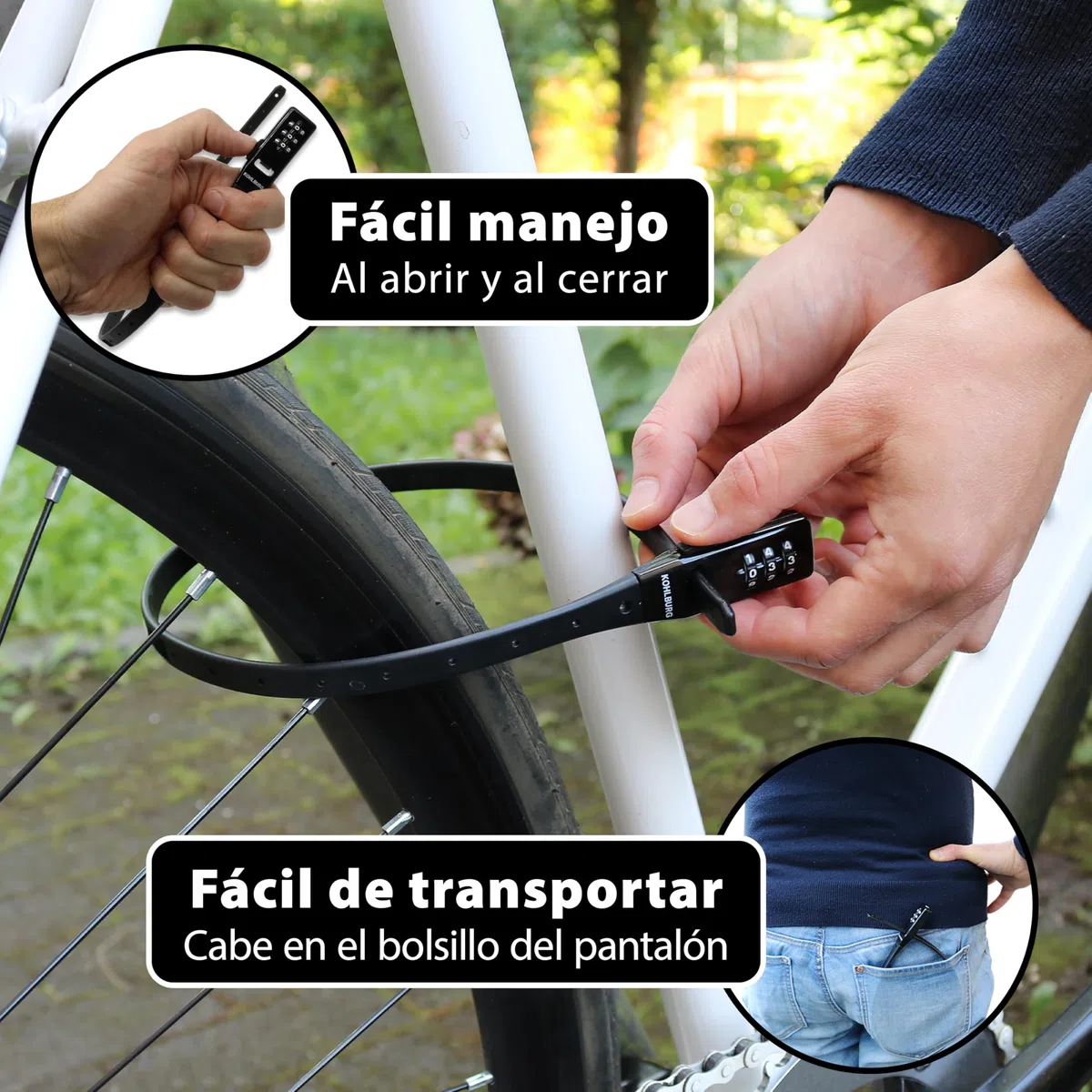 KOHLBURG antirrobo super ligero – solo 70 g con código numérico – para bicicleta mide 50 cm, compacto y seguro – tipo brida para bicicleta de carretera, scooter y patinete – candado para casco y esquí