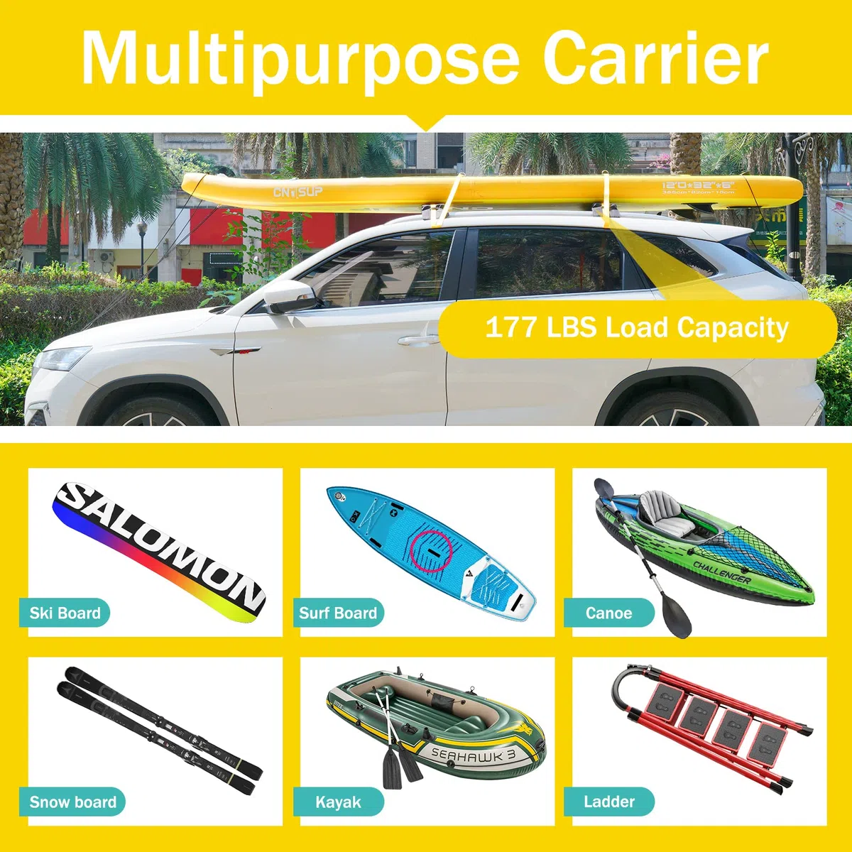 Barra de Techo Flexible Universal Porta-Bagages para Kayak Windsurf Sup Canoa Snowboard Ahorro de Espacio para portabujes fácil de Instalar